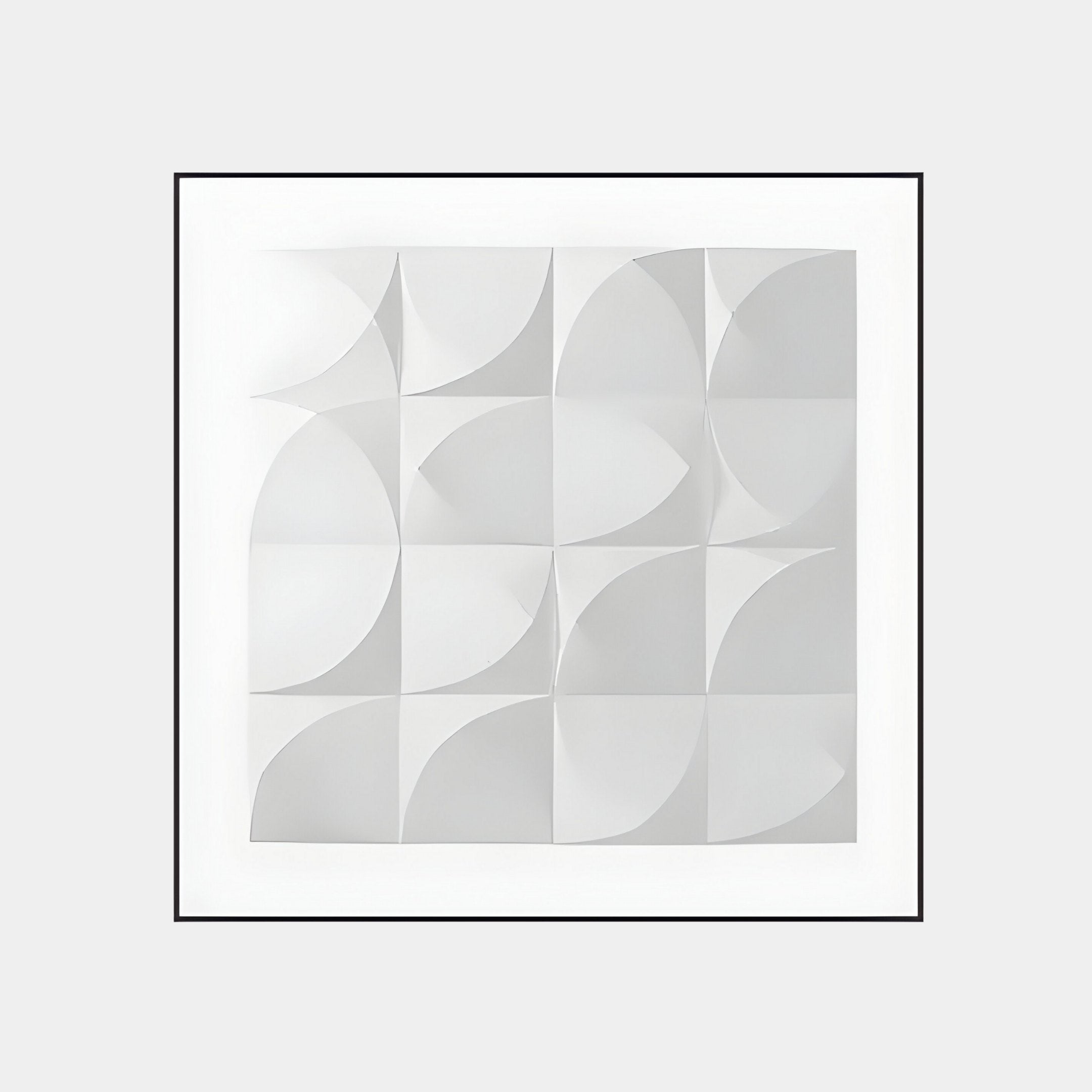 The Geometrica Curved Patterned White 3D Wood Relief Wall Art by Giant Sculptures features a grid of 16 white squares with curved folds. Its geometric design creates dynamic shadows and depth, bordered elegantly with a thin black frame for added allure.