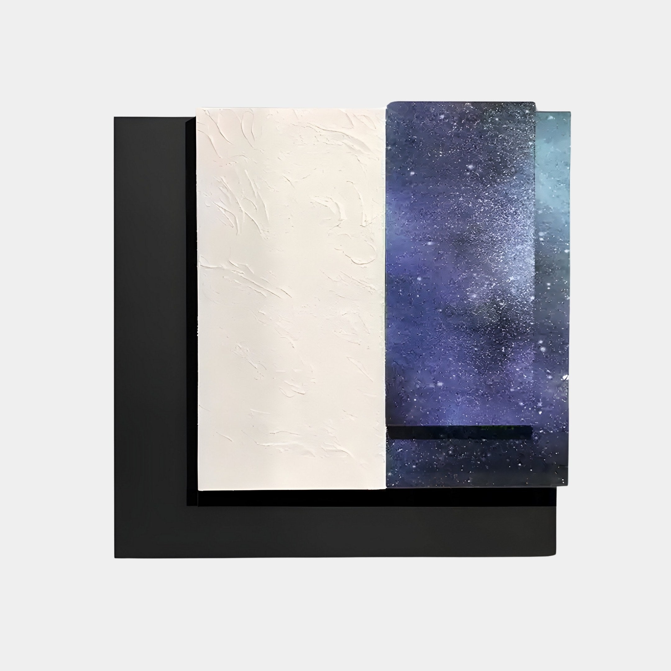 The Astra Galaxy Blue Textured Wood Carving 3D Wall Art by Giant Sculptures showcases a minimalist design with a textured white panel on the left and a dark, starry celestial pattern on the right, all set against a larger black rectangular background for a balanced geometric composition.