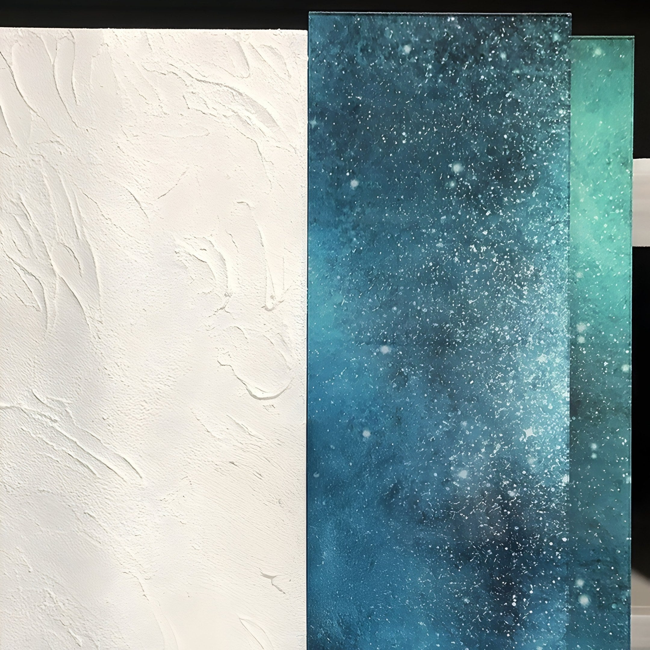 The Astra Midnight Teal Textured Wood Carving 3D Wall Art by Giant Sculptures features two gradient glass panels transitioning from dark blue to turquoise, resembling a starry night sky with white specks, perfect for cosmic interior decor.