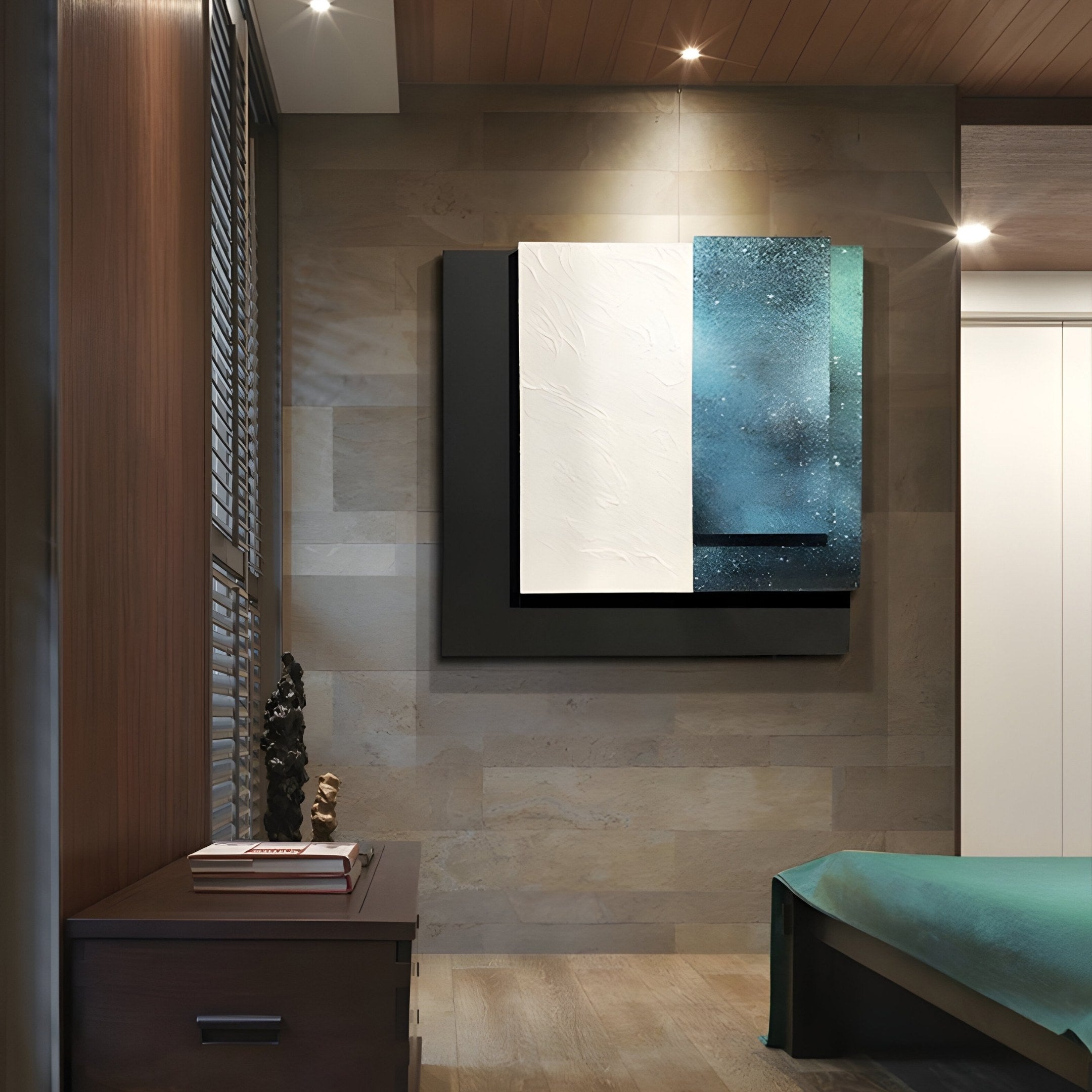 A minimalist bedroom features Astra Midnight Teal Textured Wood Carving 3D Wall Art by Giant Sculptures, showcasing abstract patterns in blue and white. A wooden nightstand complements the beds turquoise blanket, while recessed lighting enhances the serene space.