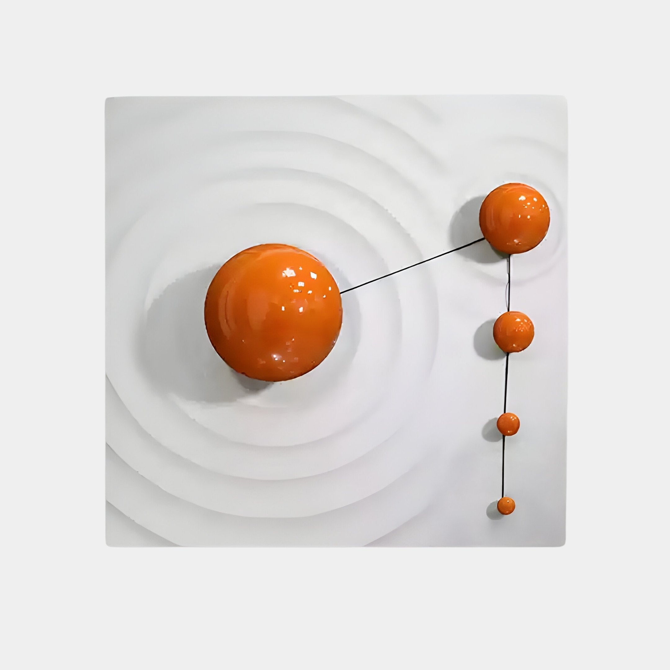 The Galactica White Wood Relief 3D Wall Art by Giant Sculptures features interconnected orange metal spheres on a textured white backdrop, artistically resembling an orbital system.