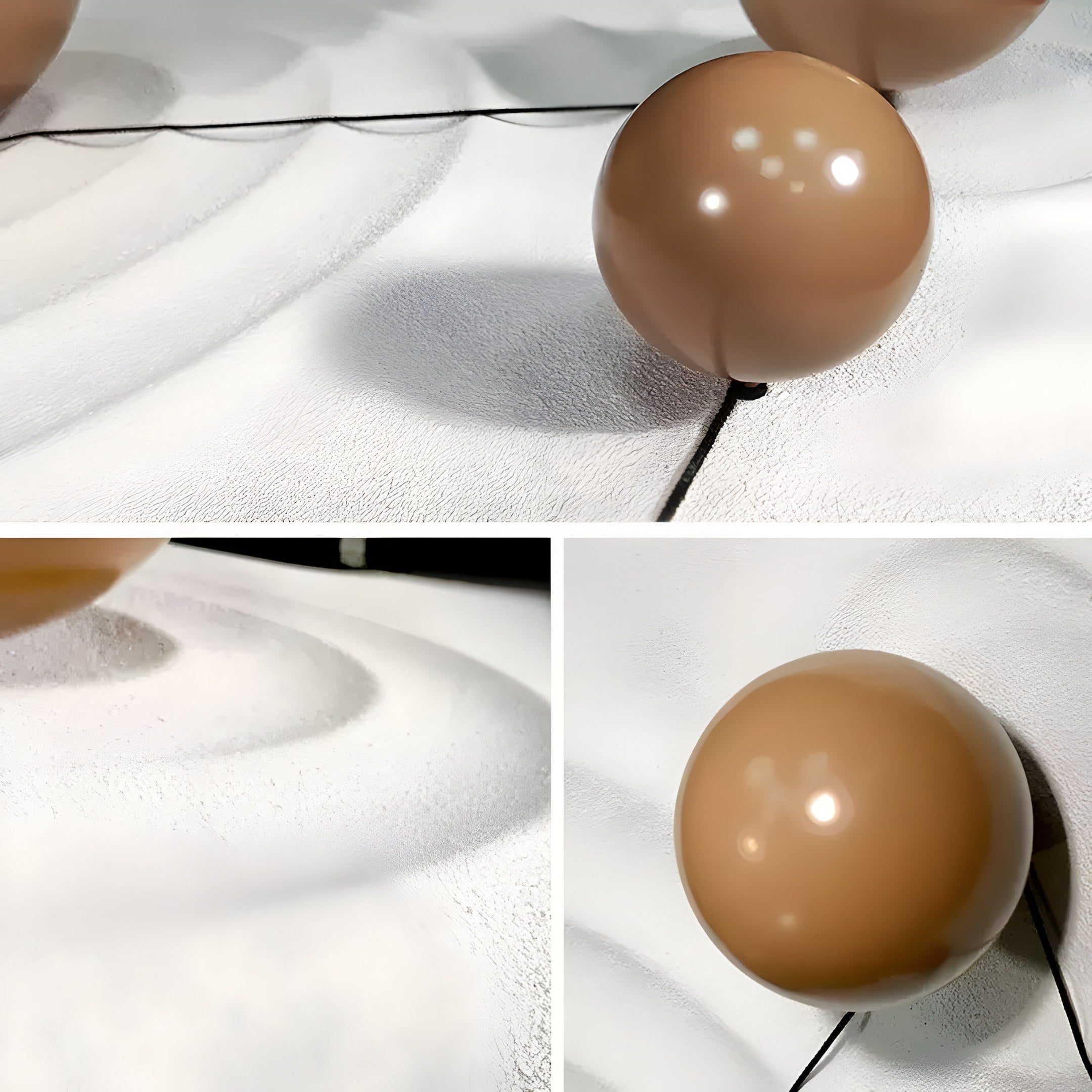 The Galactica White Wood Relief 3D Wall Art by Giant Sculptures features three glossy brown metal spheres connected by black strings on a white relief surface, forming a geometric pattern that enhances their reflective shine.