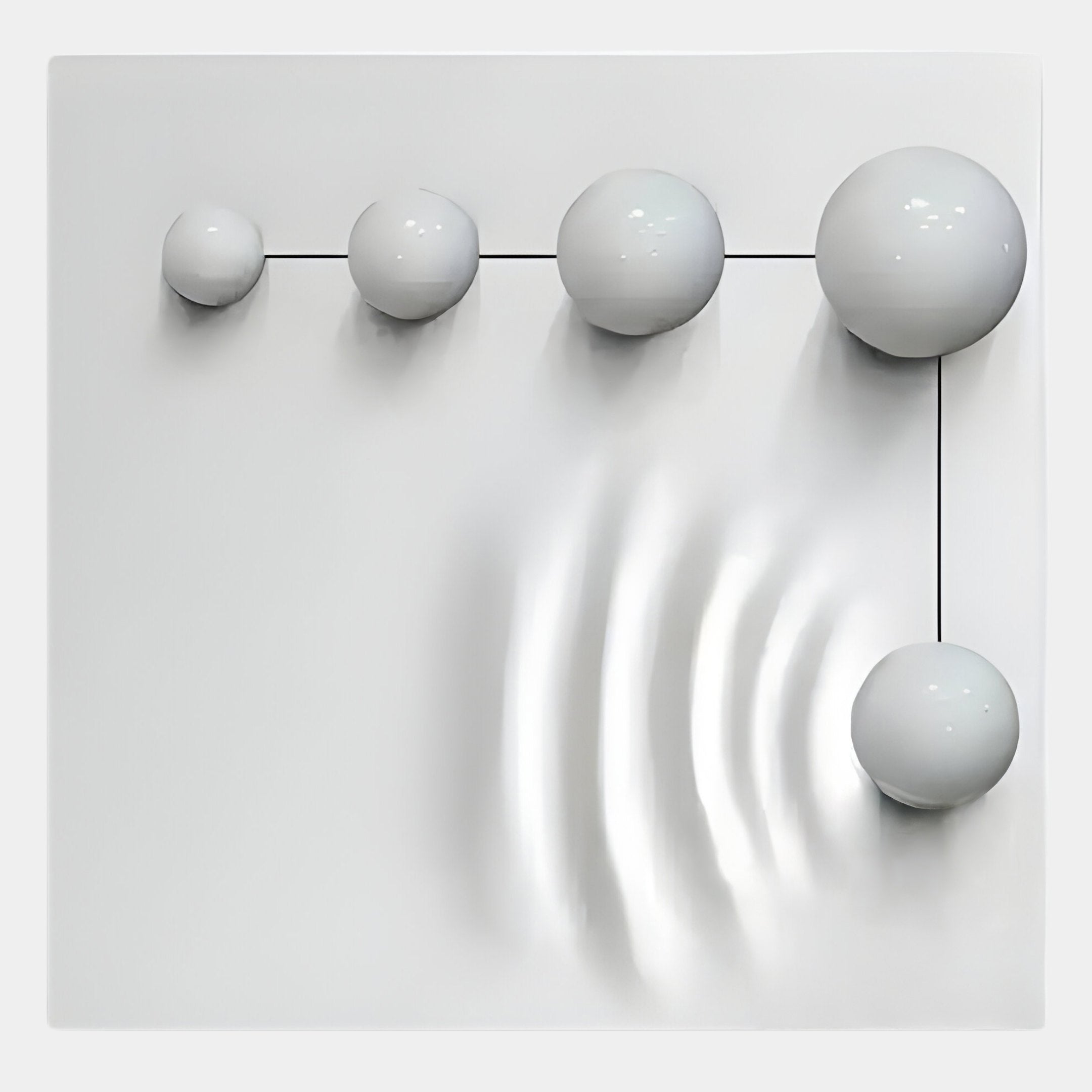 The Galactica White Wood Relief 3D Wall Art by Giant Sculptures features five glossy white metal balls on a smooth white background with soft raised waves, perfect for minimalist decor.