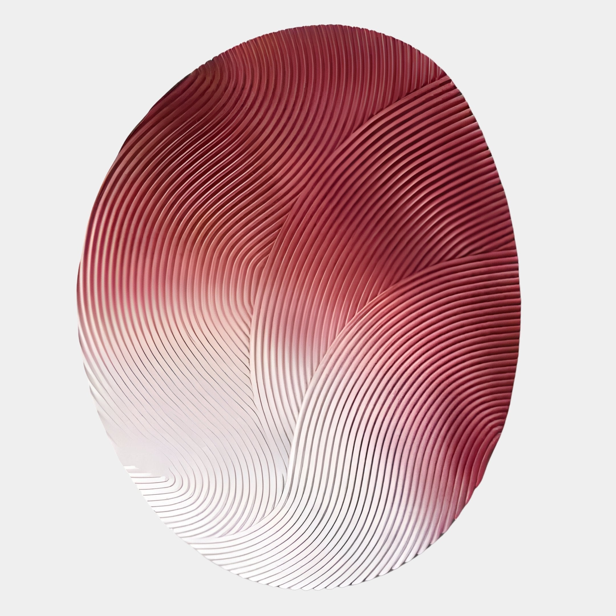 Fluctus Red Textured Sandstone Wood Relief 3D Wall Art by Giant Sculptures features an oval abstract design with raised, wavy lines in a red-to-white gradient on a light gray background, evoking a sculpted wood effect.