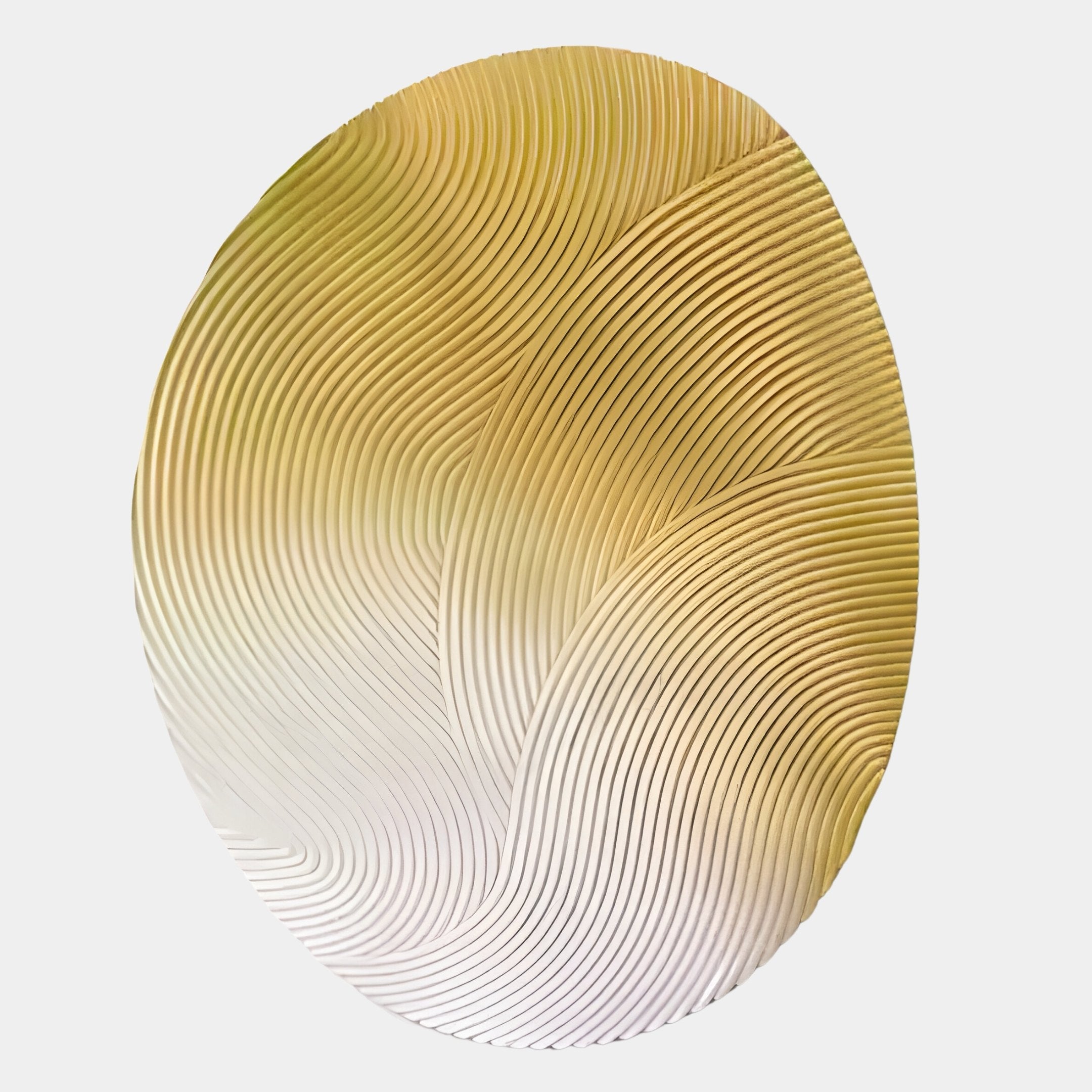 The Fluctus Yellow Textured Sandstone Wood Relief 3D Wall Art by Giant Sculptures features an oval design with hand-carved grooves in gradient gold and cream, creating a wood relief-inspired wave pattern on a white background.