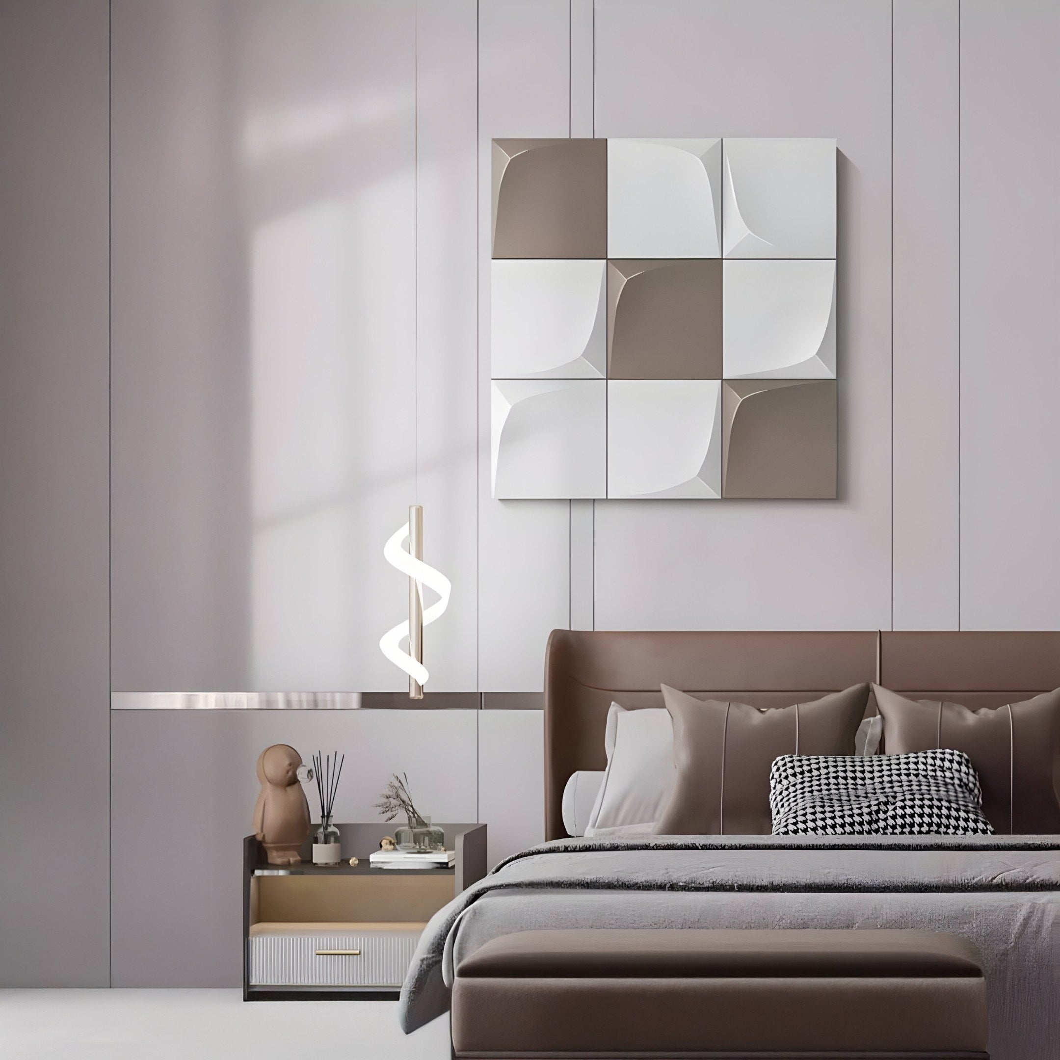 A modern bedroom features a sleek brown bed with assorted pillows and a gray blanket. The Curvatura White & Grey Grid 3D Wood Relief Wall Art by Giant Sculptures hangs above the bed on a neutral wall. A nightstand displays a modern lamp and decor, with soft natural light accentuating the minimalist style.
