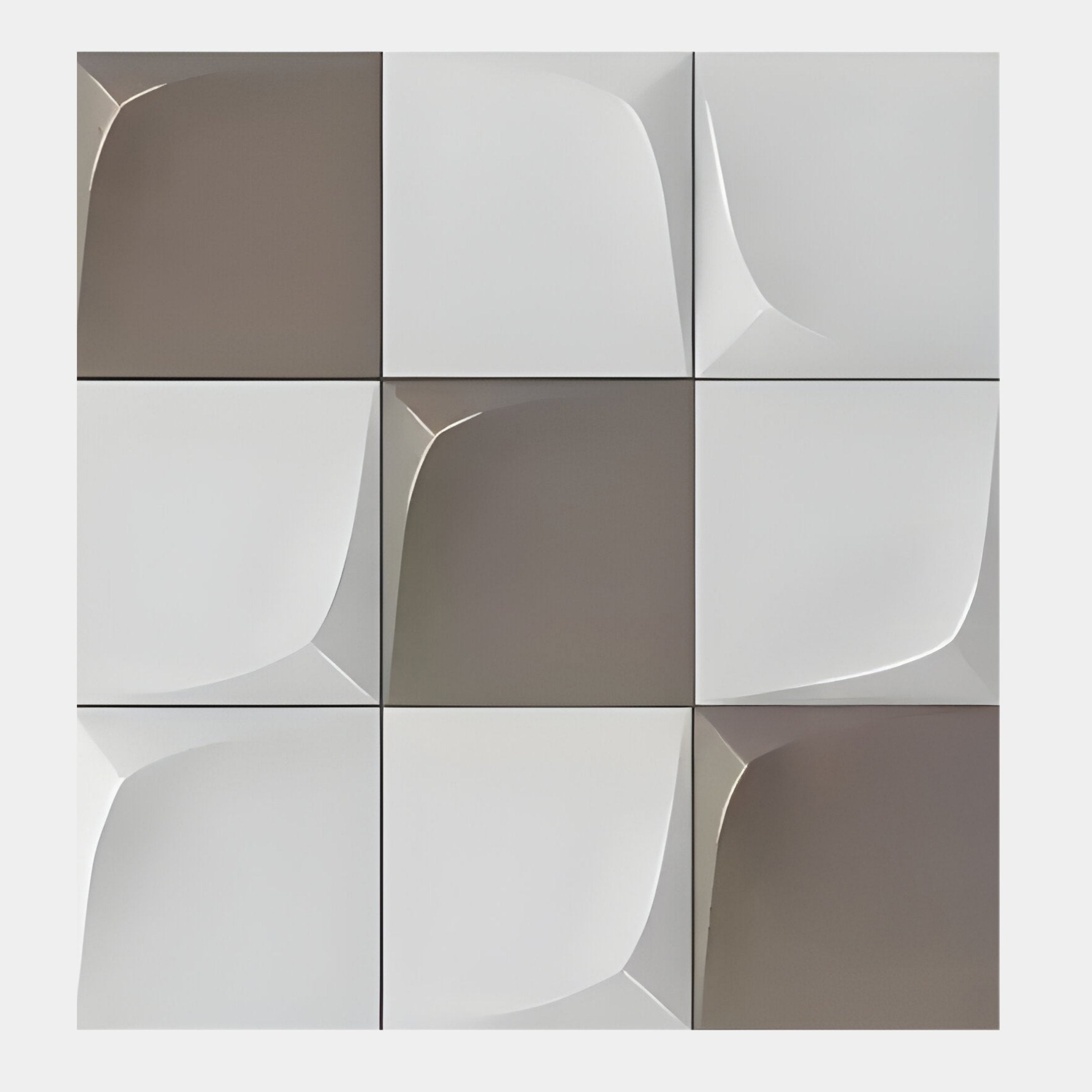 A grid of nine square tiles features a geometric, curved 3D design in alternating gray and white. The reflective surfaces evoke elegant contemporary style. Curvatura White & Grey Grid 3D Wood Relief Wall Art by Giant Sculptures.