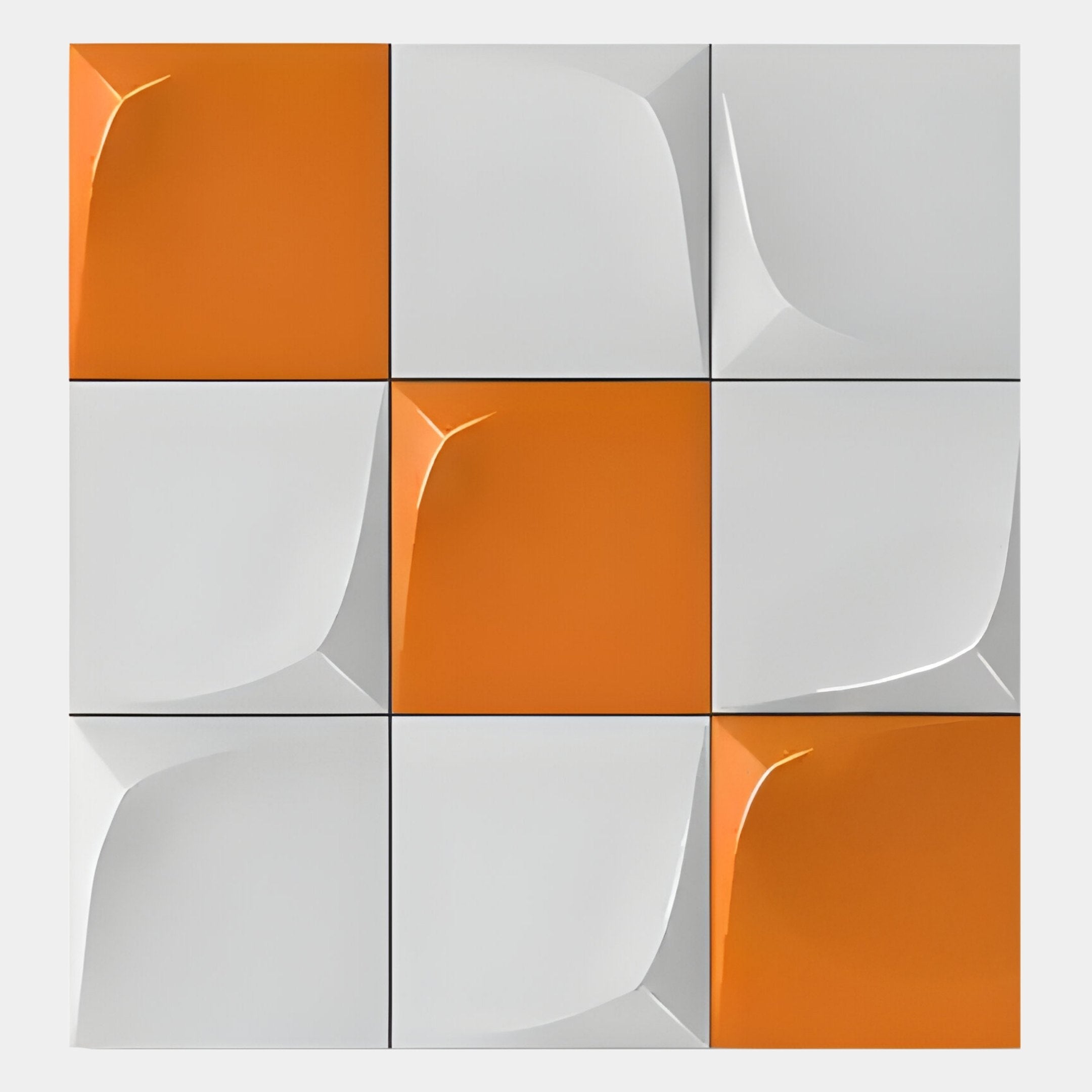 The Curvatura White & Orange Grid 3D Wood Relief Wall Art by Giant Sculptures features a 3x3 grid of square tiles with alternating colors and smooth, curved indentations—an ideal modern accent for any space.