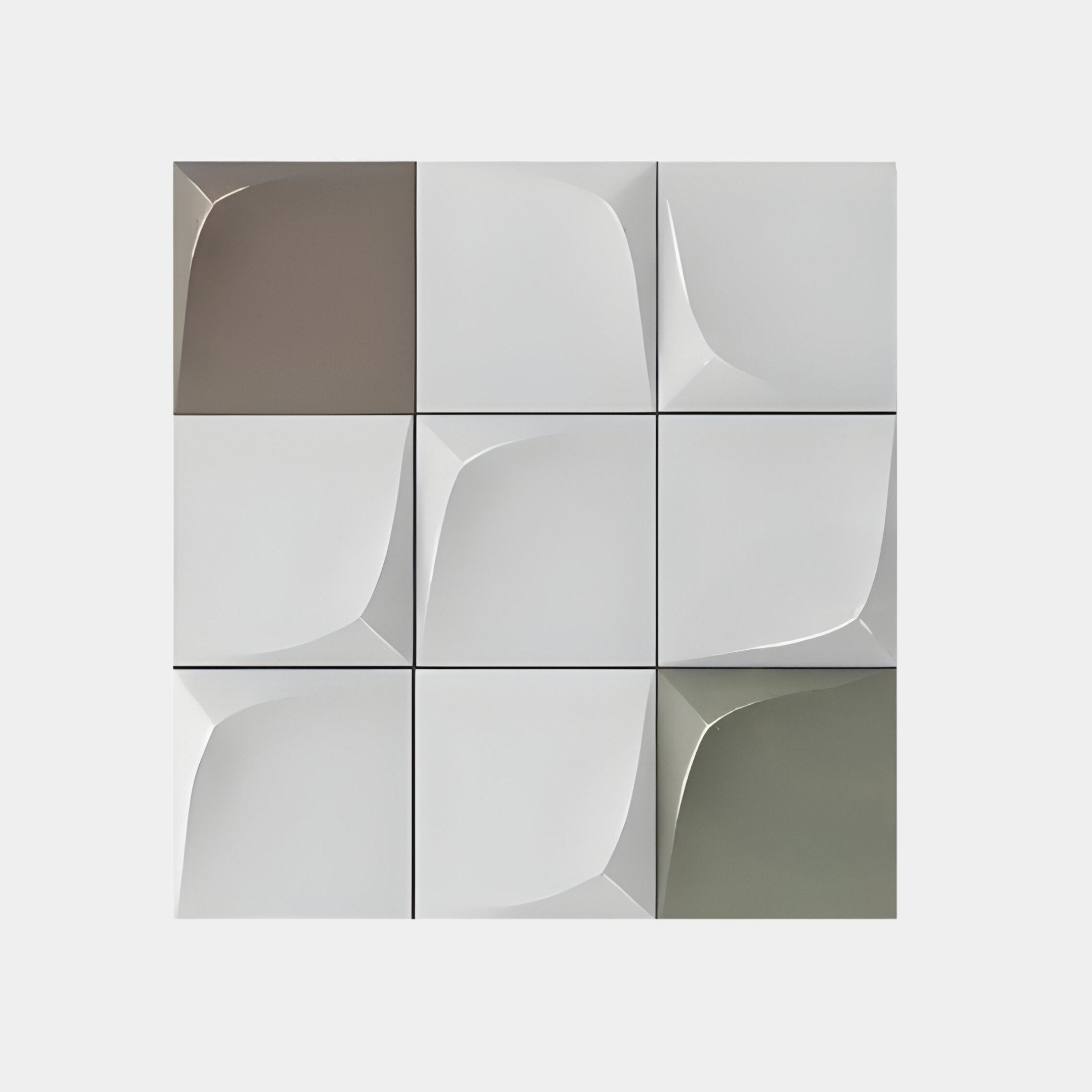 The Curvatura White, Olive & Grey Grid by Giant Sculptures showcases nine square tiles with smooth, curved indentations. Featuring eight reflective white tiles and one contrasting brown tile, this modern 3D wood relief wall art is perfect for minimalist interiors with its neutral tones and sculptural elegance.