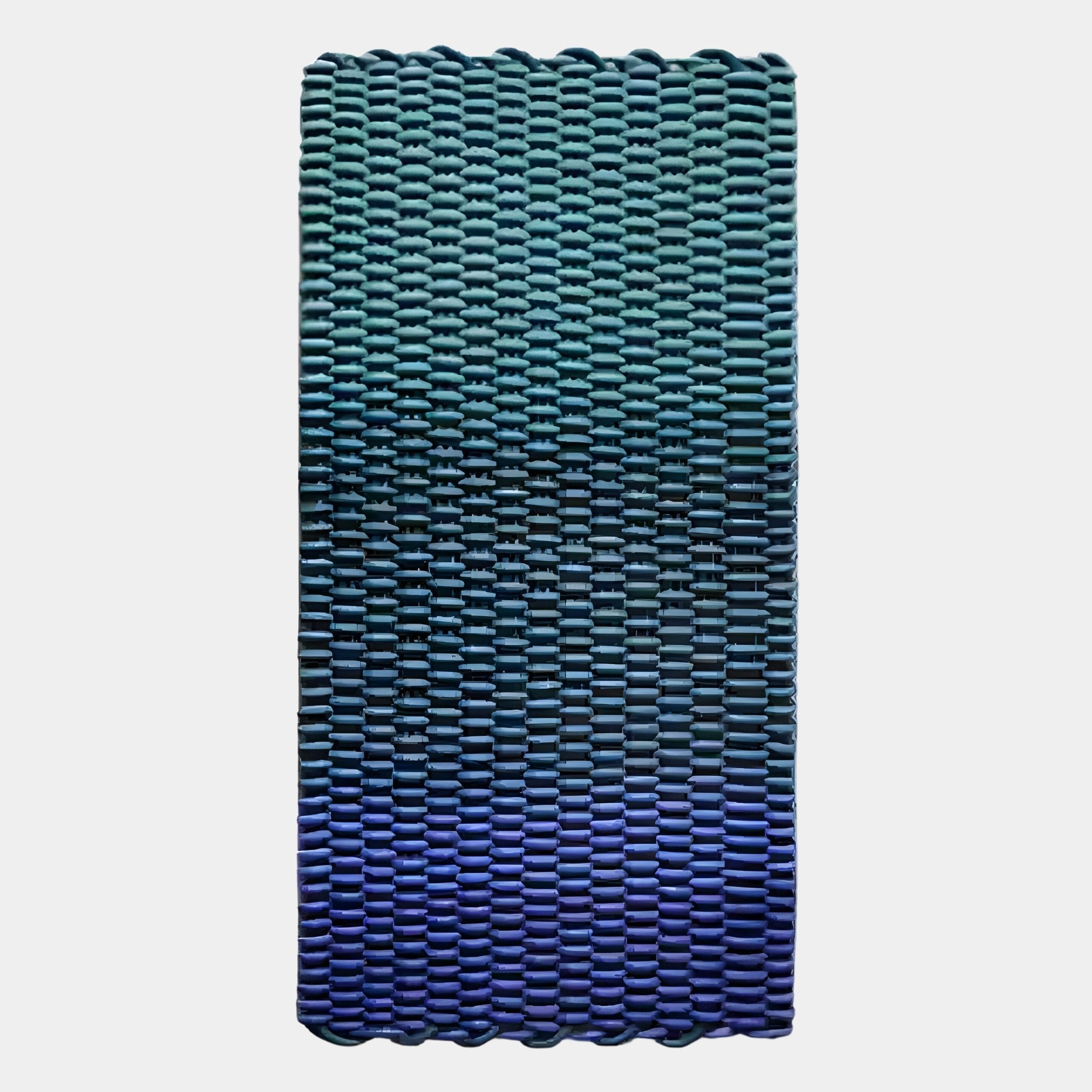 The Spectrum Weave Vertical Midnight Blue Wood Relief 3D Wall Art by Giant Sculptures features a rectangular, tightly woven basket-like pattern with scalloped edges and a subtle gradient, resembling handcrafted wall art.
