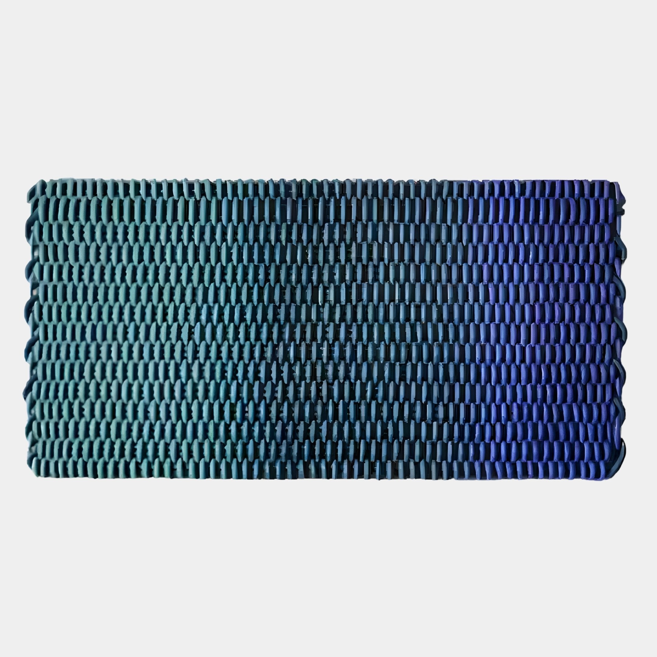 The Spectrum Weave Horizontal Midnight Blue Wood Relief 3D Wall Art by Giant Sculptures features a rectangular, textured woven pattern in teal and midnight blue, displayed against a plain white background.
