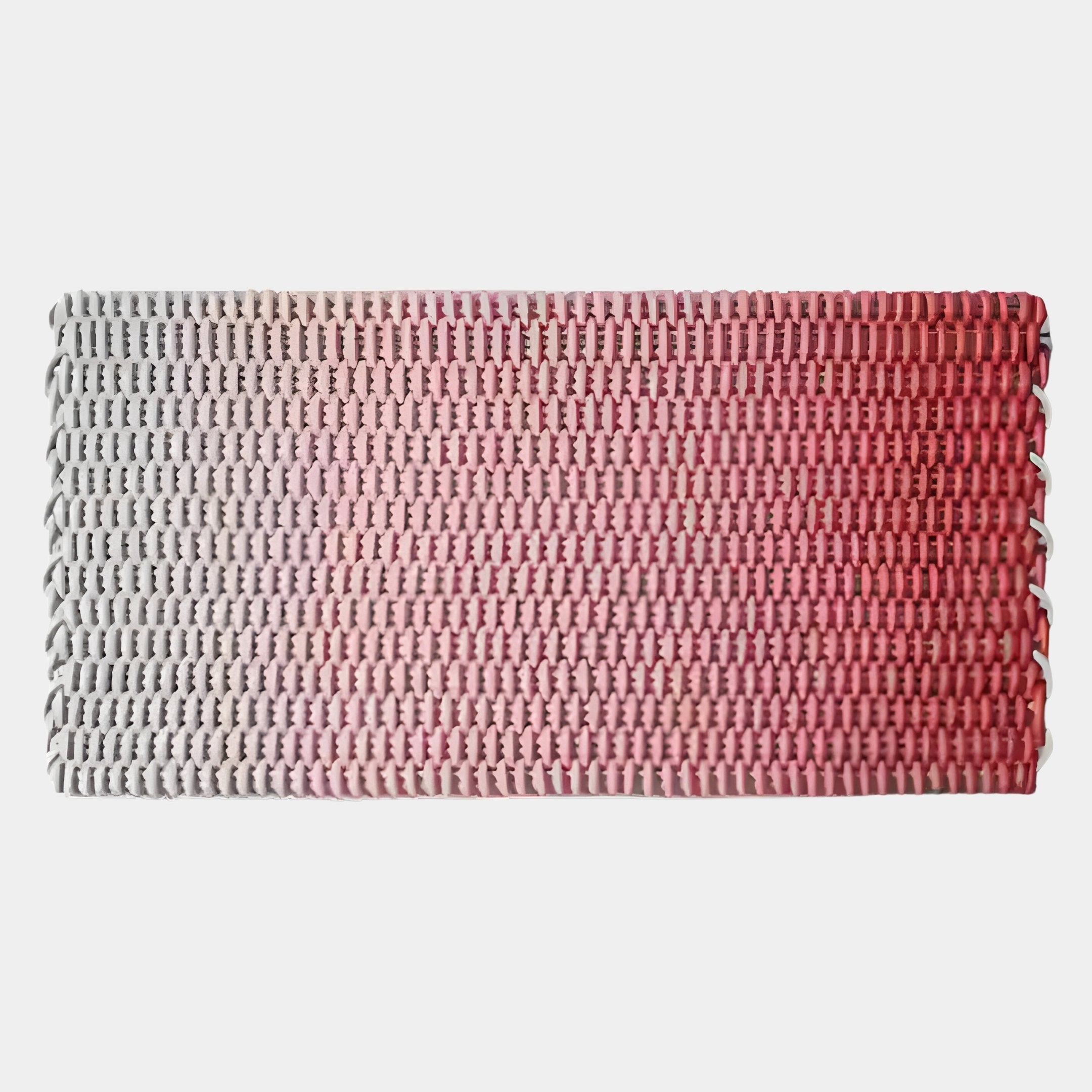 The Spectrum Weave Horizontal Rose Blush Wood Relief 3D Wall Art by Giant Sculptures features a textured interlaced design with a gradient from light beige to rose blush and red, adding elegant dimension to your space. Shown on a white background.