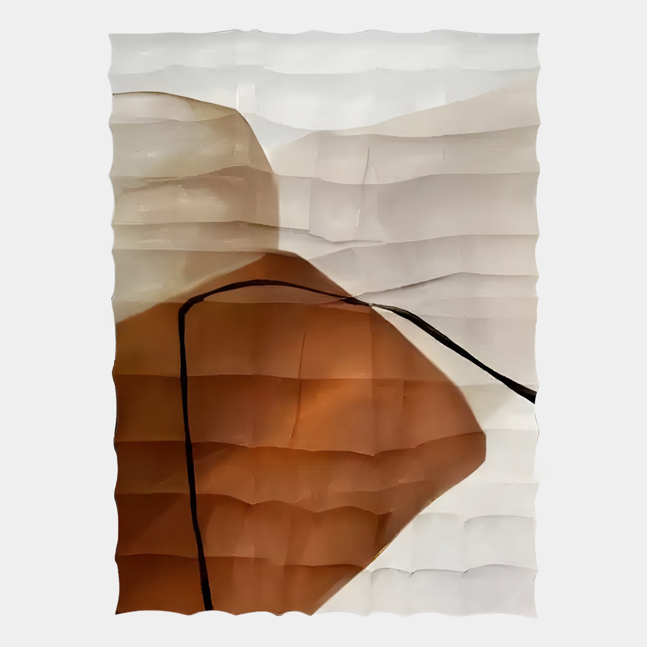 The Terracurve V Hand-Painted Sandstone Wood Relief 3D Wall Art by Giant Sculptures features layered wavy patterns in brown, beige, and white with a thin black curve, and a textured background for a desert-inspired accent.