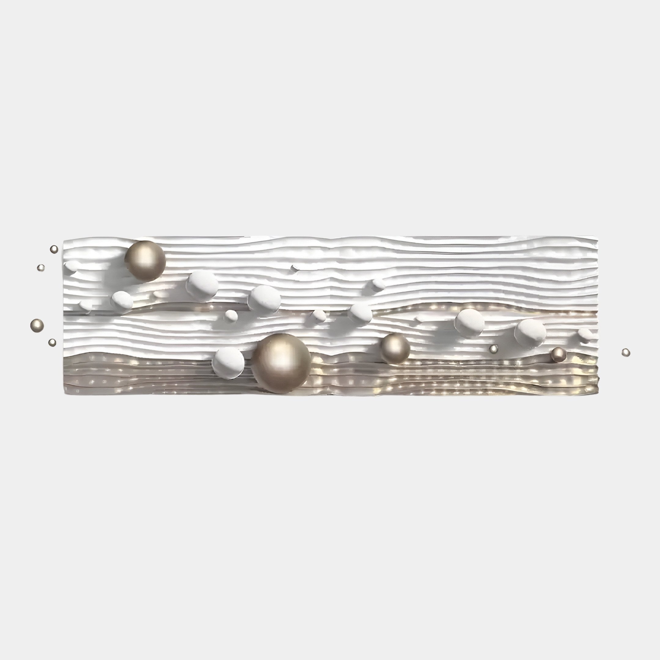 The Lustra Gold & White 3D Wood Relief Wall Art from Giant Sculptures showcases a textured, wavy design with metallic spheres in various sizes arranged on a light gray background, enhancing depth and movement.