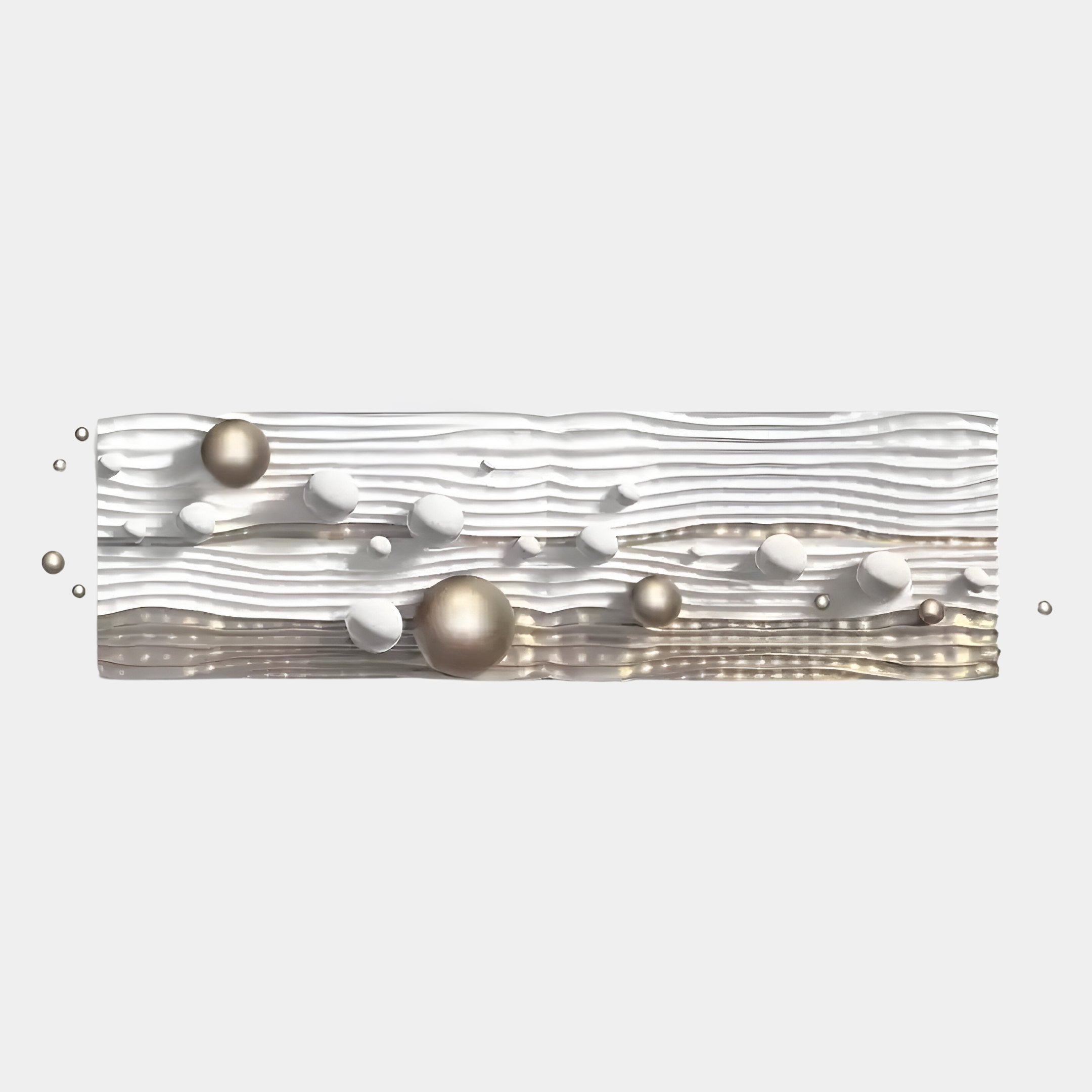 Lustra Gold & White 3D Wood Relief Wall Art With Metal Ball by Giant Sculptures showcases horizontal white wavy lines and gold and white metal balls, artfully arranged on a light gray background.