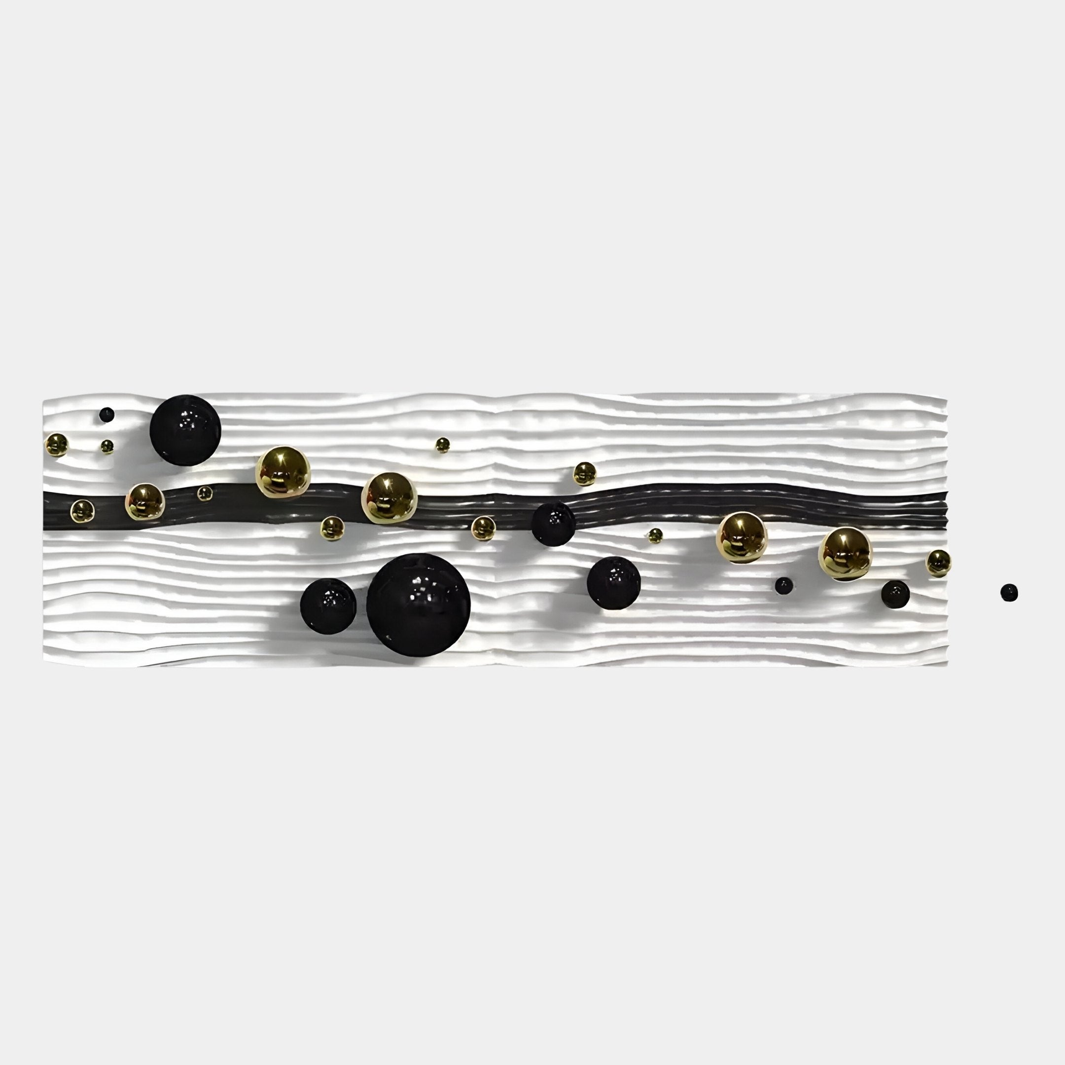 The Lustra Black & White 3D Wood Relief Wall Art With Metal Ball by Giant Sculptures showcases wavy textured lines in black and white, accented with black and gold metal spheres for a modern, elegant touch.