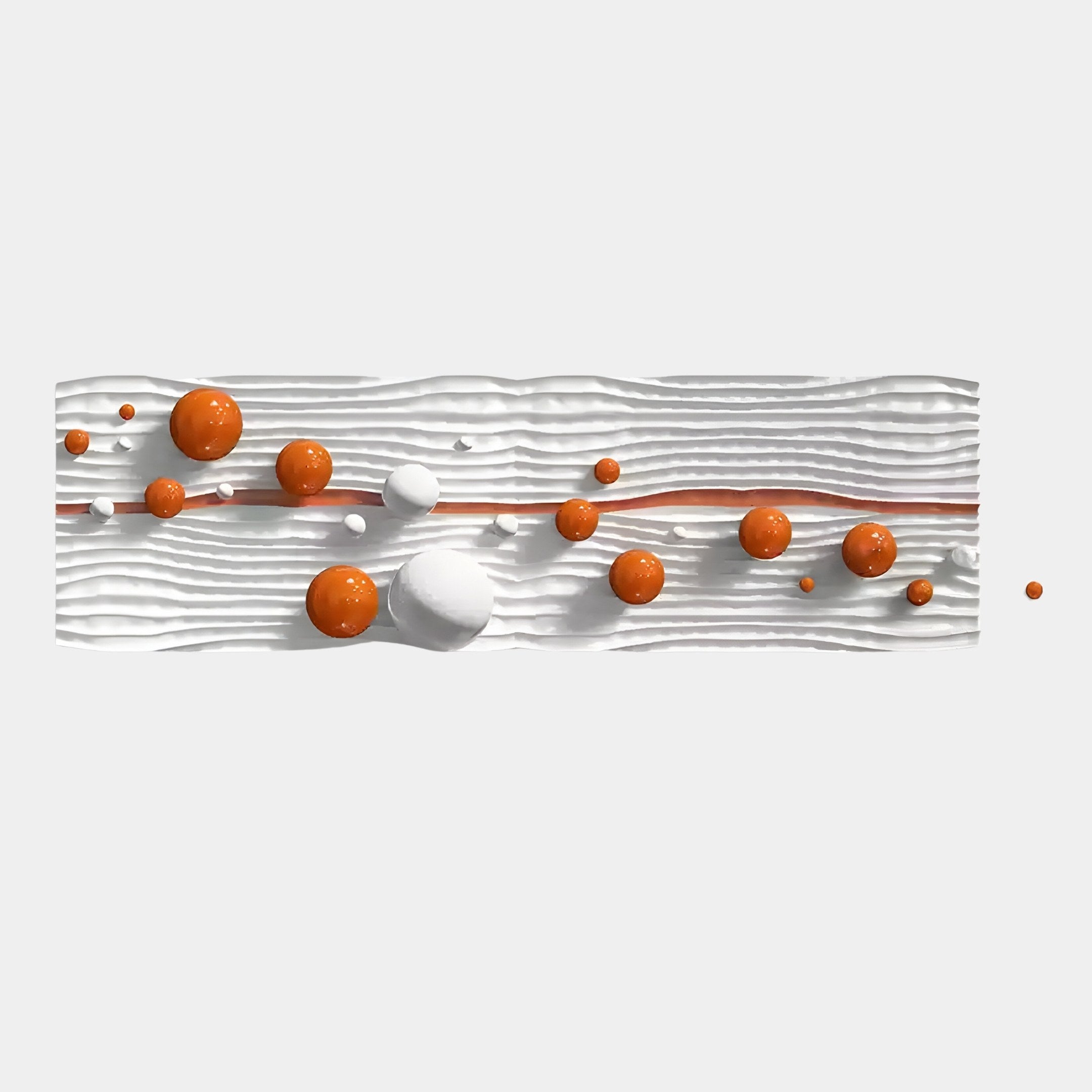 Giant Sculptures Lustra Orange & White 3D Wood Relief Wall Art features textured white and orange paint with horizontal wavy lines, enhanced by orange and white spheres against a pristine backdrop.