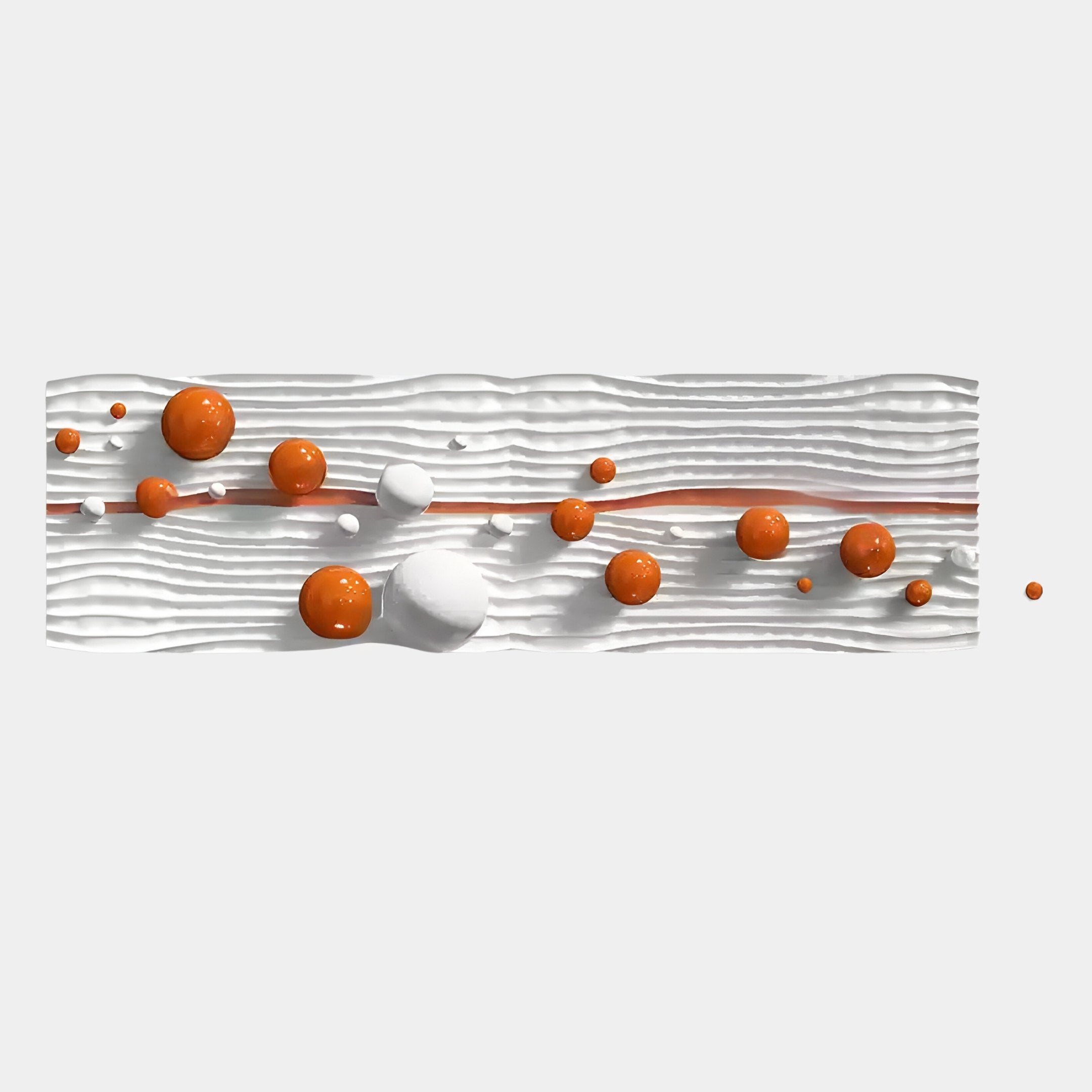The Lustra Orange & White 3D Wood Relief Wall Art With Metal Ball by Giant Sculptures features wave-like ridges on a white surface, accented with shiny orange and white spheres and thin parallel orange lines on a light gray background.
