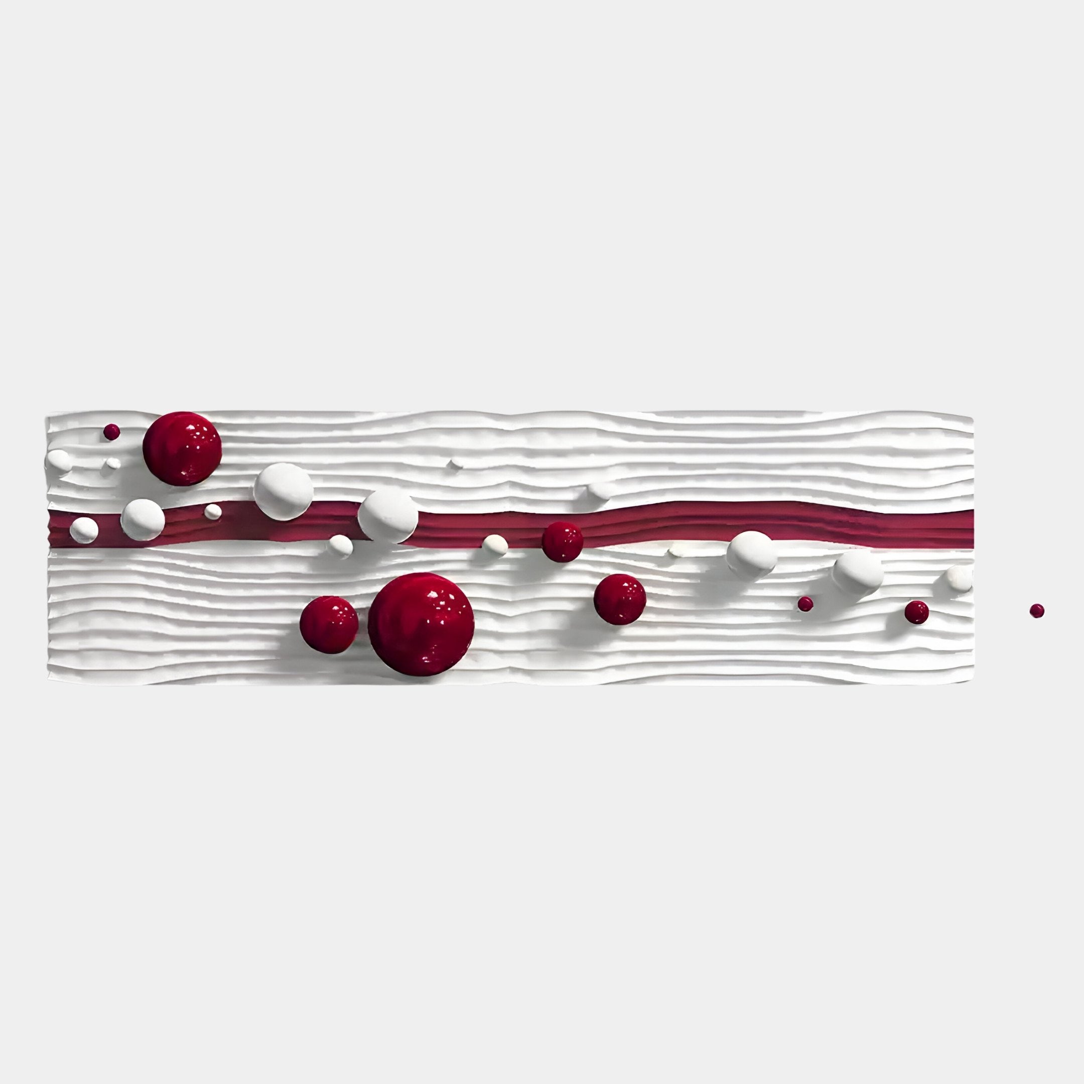 The Lustra Red & White 3D Wood Relief Wall Art With Metal Ball by Giant Sculptures features a rectangular white base with textured waves, a horizontal red stripe, shiny metal balls, and red & white wood spheres artistically arranged on top.