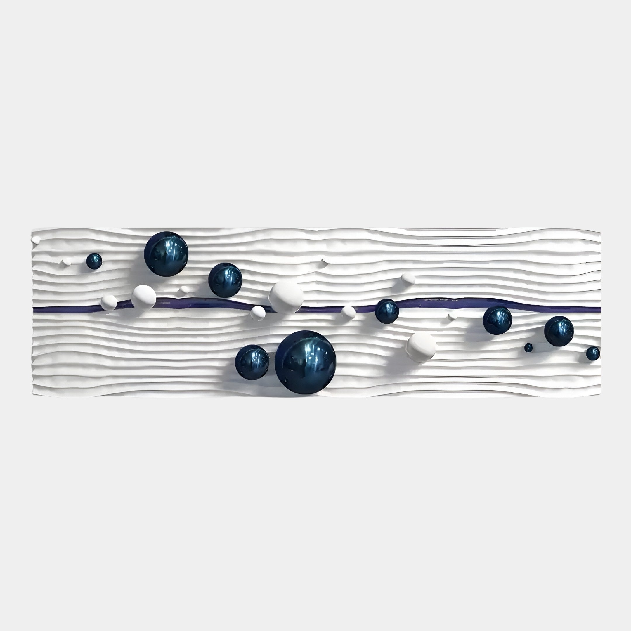 The Lustra Sapphire Blue & White 3D Wood Relief Wall Art by Giant Sculptures showcases a modern abstract design with a horizontal white wavy surface, adorned with dark blue and white glossy spheres, complete with a subtle purple line.