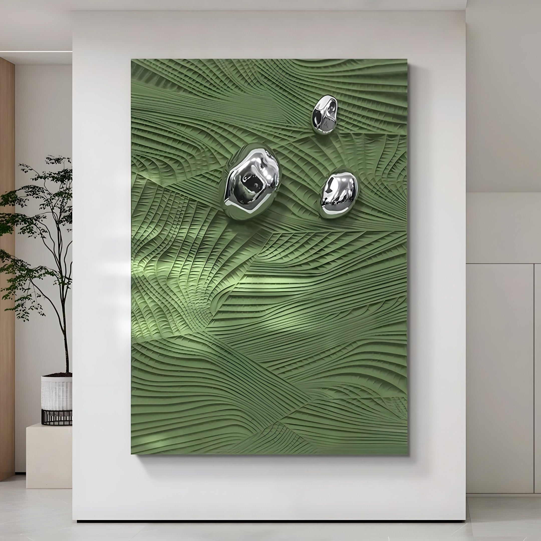 The Verdara Green Wood Relief 3D Wall Art by Giant Sculptures, featuring metallic abstract shapes on a textured green surface with leaf-like wavy patterns, is displayed on a wall. A potted plant in the corner enhances its modern aesthetic for an engaging visual experience.