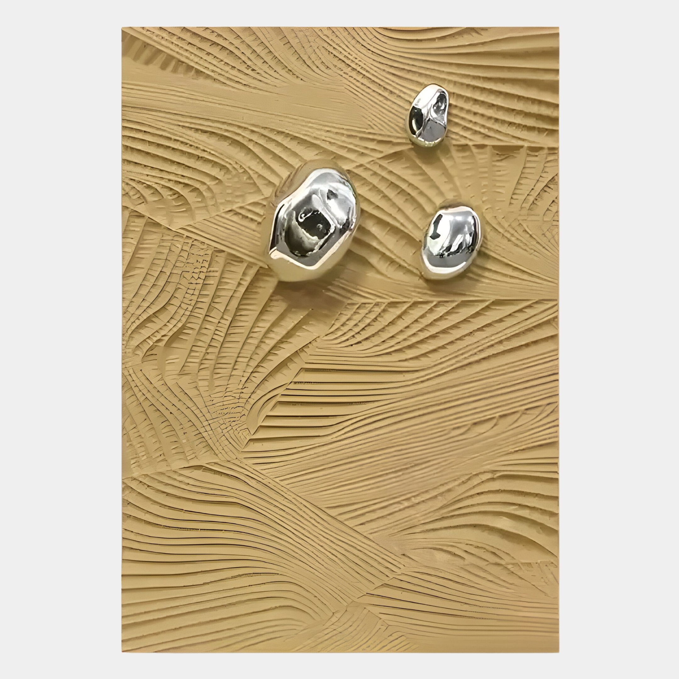 The Verdara Beige Wood Relief 3D Wall Art by Giant Sculptures displays intricate wavy textures in beige wood, topped with three irregular silver accents, blending organic and metallic elements for a sophisticated decor piece.