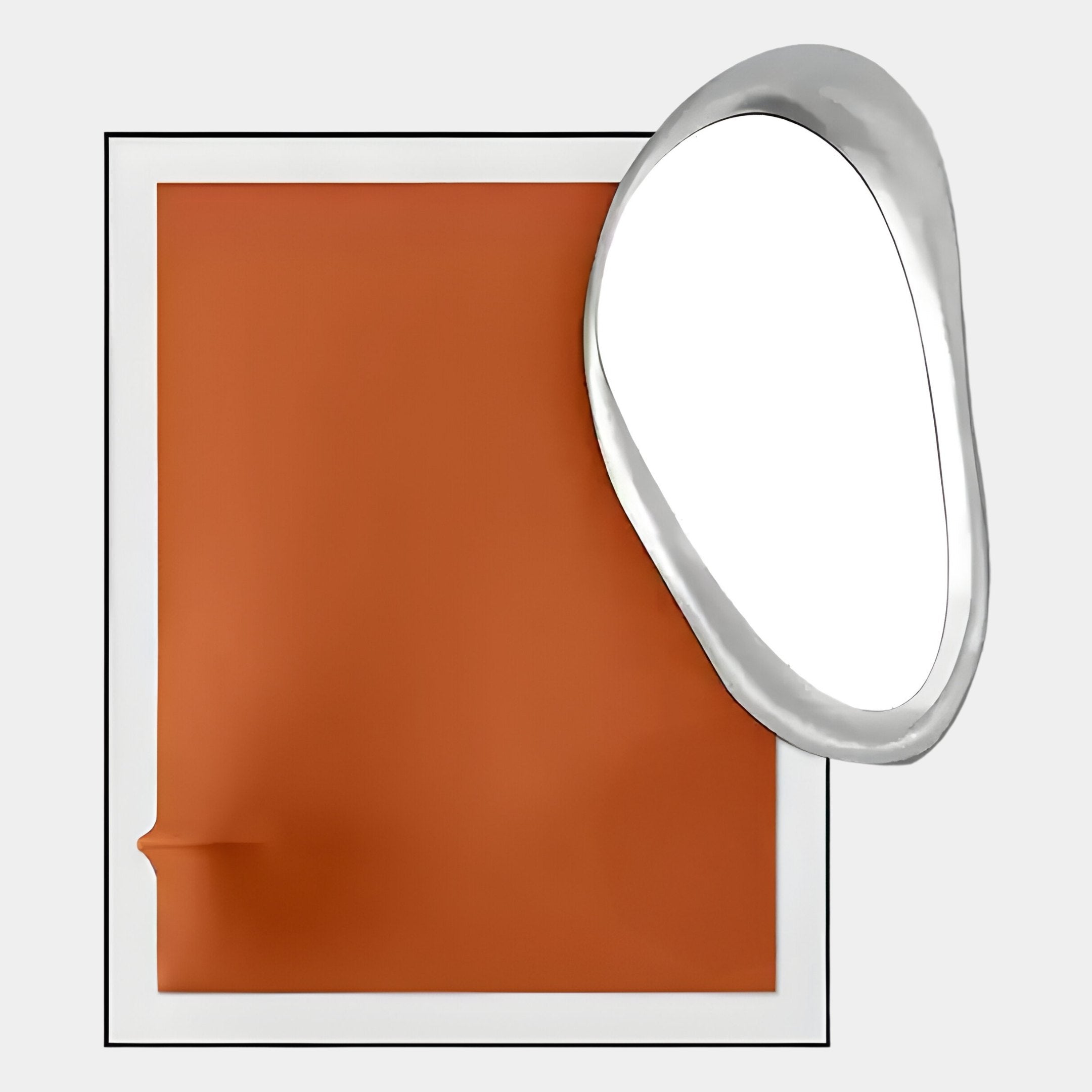 The Reflectra Orange Wood Relief 3D Wall Art With Silver Mirror by Giant Sculptures features a rust-orange textured square with a small protrusion, framed in white and partially overlapped by an irregular Silver Mirror for a bold 3D effect.