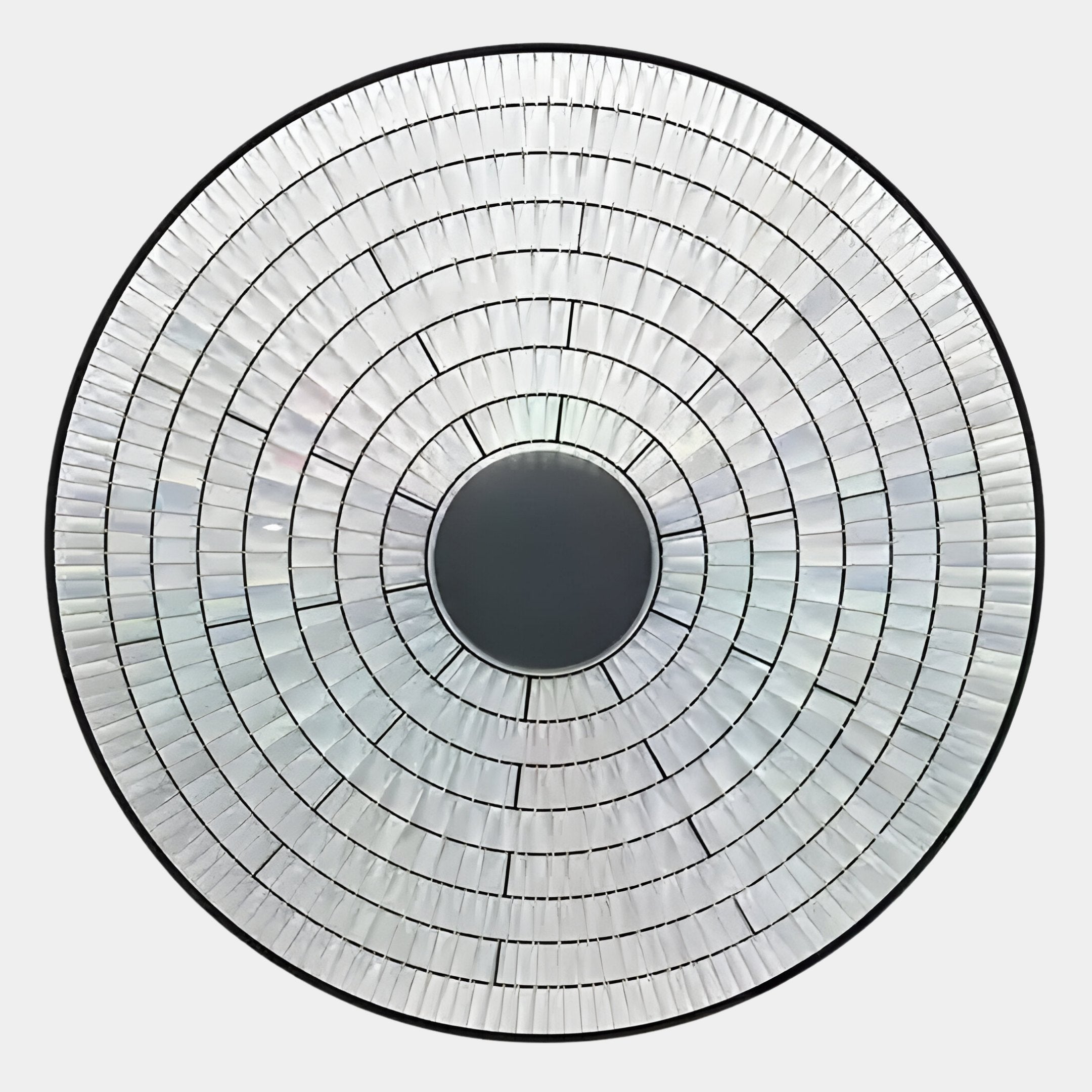 The Solis Radiant Grey Core Wood Relief 3D Wall Art by Giant Sculptures features concentric circles of small, rectangular tiles radiating from a solid central disc, creating a mesmerizing mosaic effect.