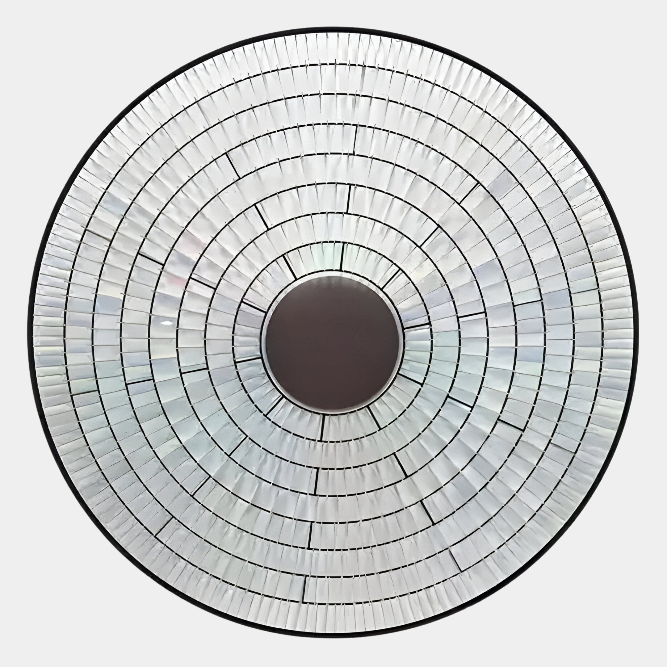 The Solis Radiant Deep Brown Core Wood Relief 3D Wall Art by Giant Sculptures features iridescent acrylic segments in concentric rings, creating a bold geometric mosaic effect and transforming your wall with captivating dimension.