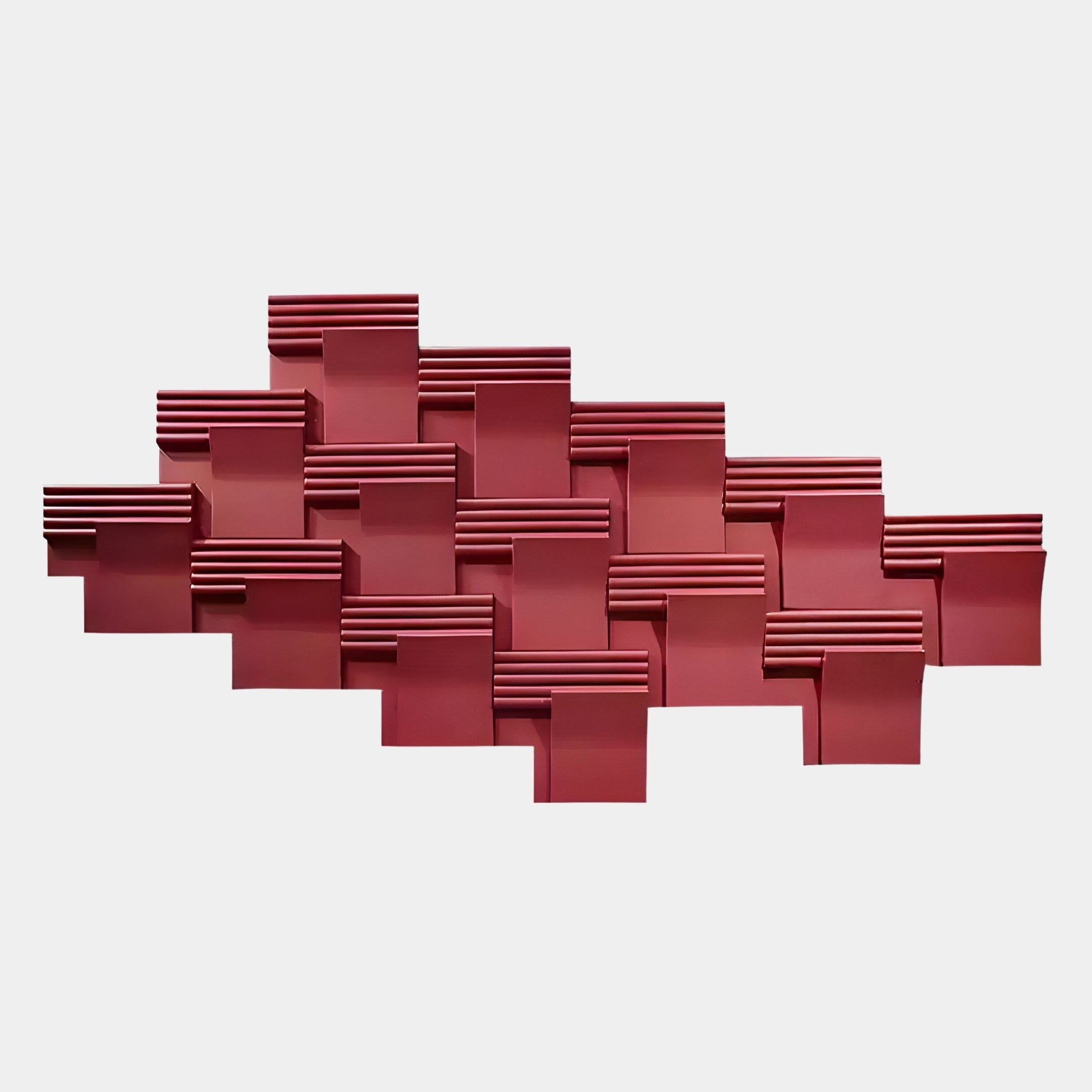 The Axura Red Geometric Wood Relief Hand-Painted 3D Wall Art by Giant Sculptures features overlapping, raised rectangular panels in a staggered pattern against a plain white background.