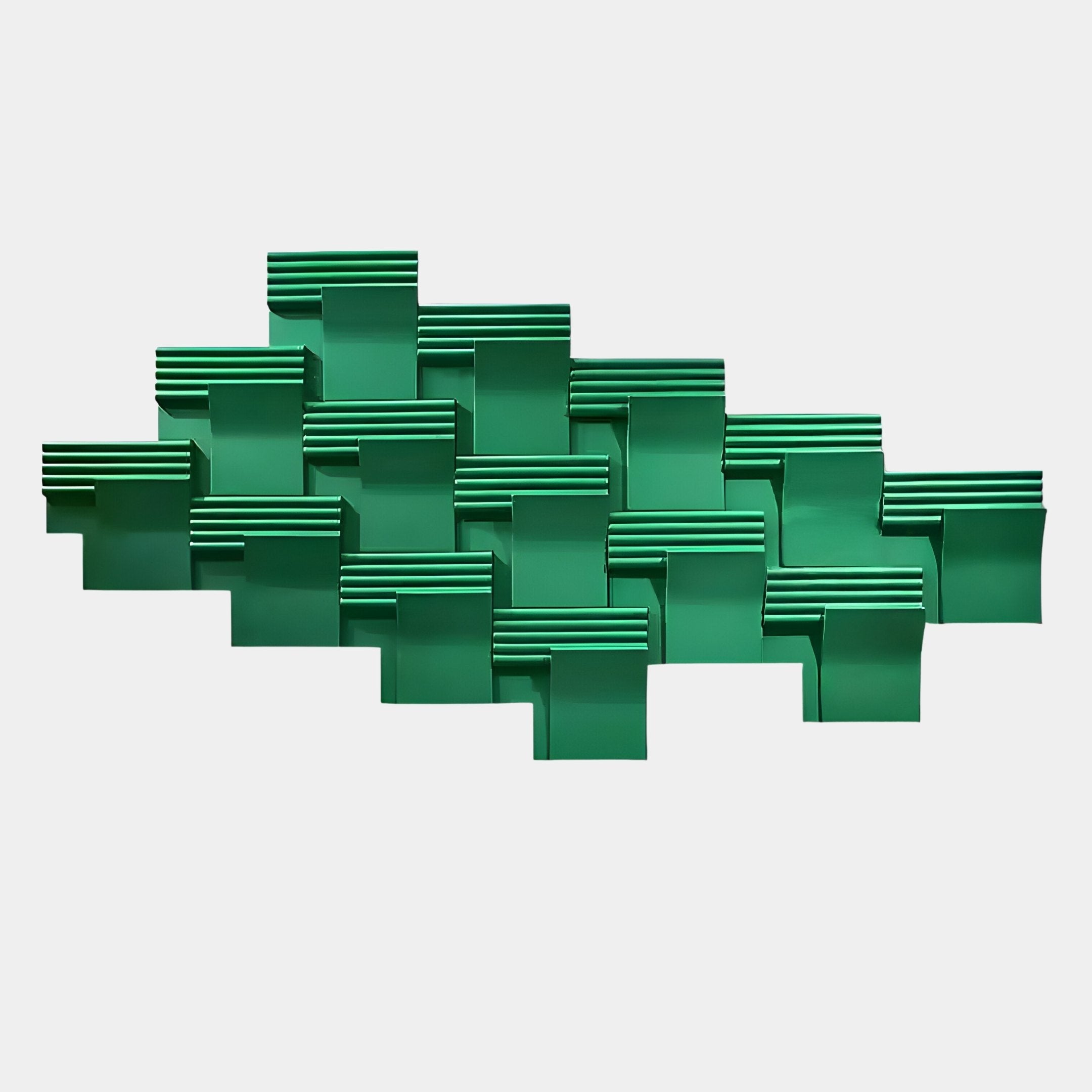 The Axura Green Geometric Wood Relief Hand-Painted 3D Wall Art by Giant Sculptures features interlocking rectangular shapes with ridged edges, arranged in a staggered pattern for a dynamic effect against a white background.