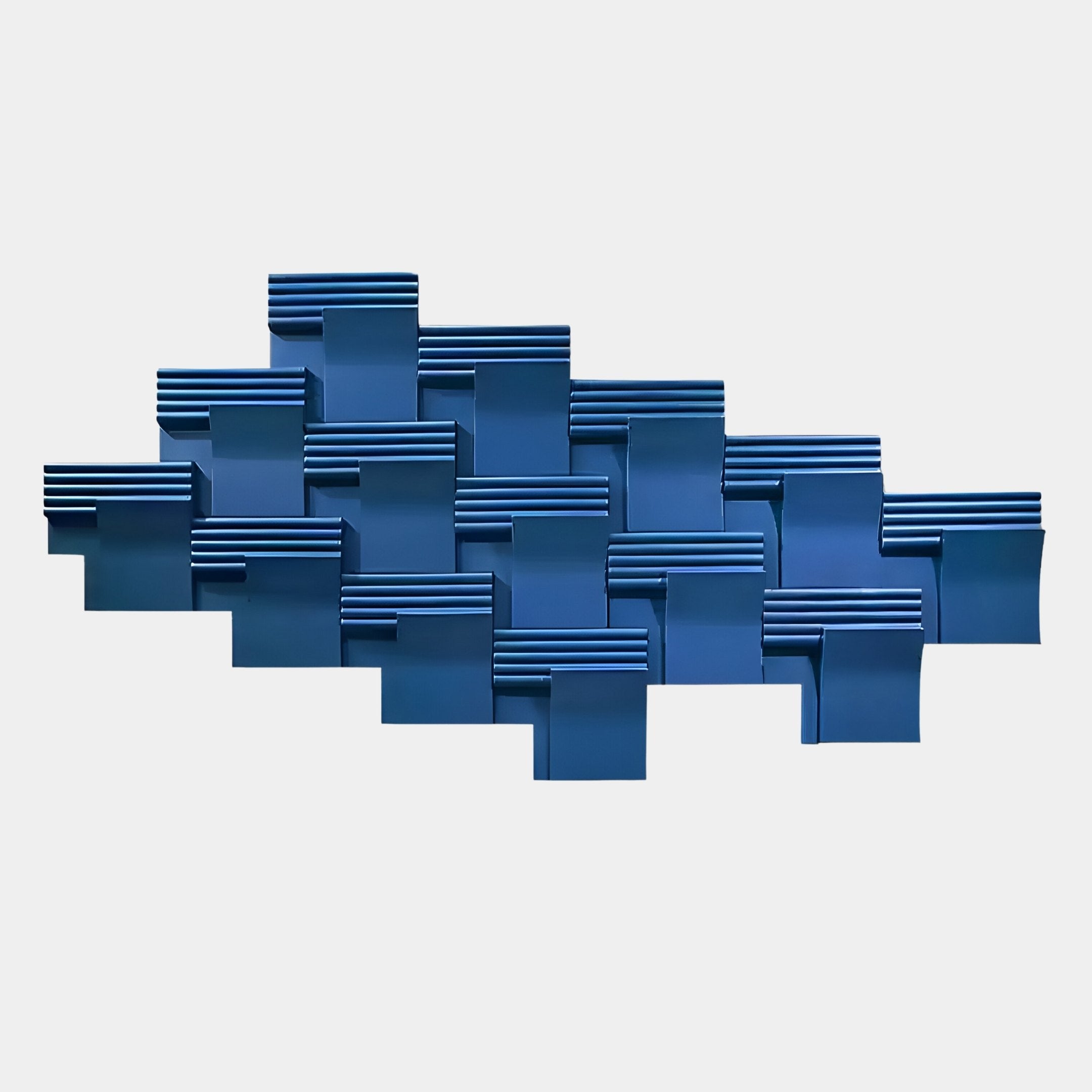 The Axura Blue Geometric Wood Relief Hand-Painted 3D Wall Art by Giant Sculptures features overlapping blue panels with ridged edges, arranged in a staggered horizontal pattern on white for eye-catching geometric style.