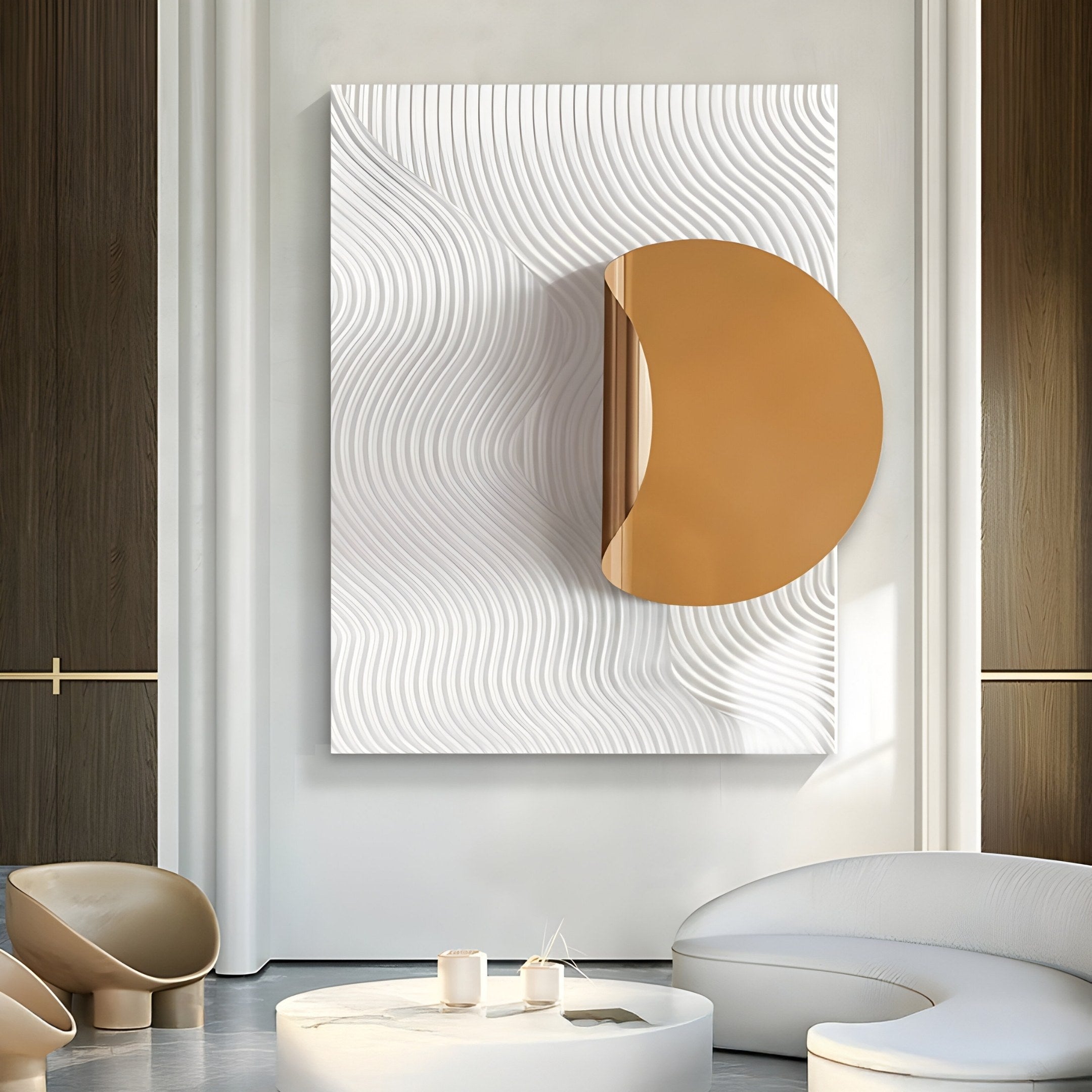 A modern minimalist room features the Solvara Gold & White Wood Relief 3D Wall Art by Giant Sculptures, exhibiting wavy textures and a semi-circular gold accent. Below it, a sleek round coffee table and curved seating in neutral tones create an elegant, tranquil atmosphere.