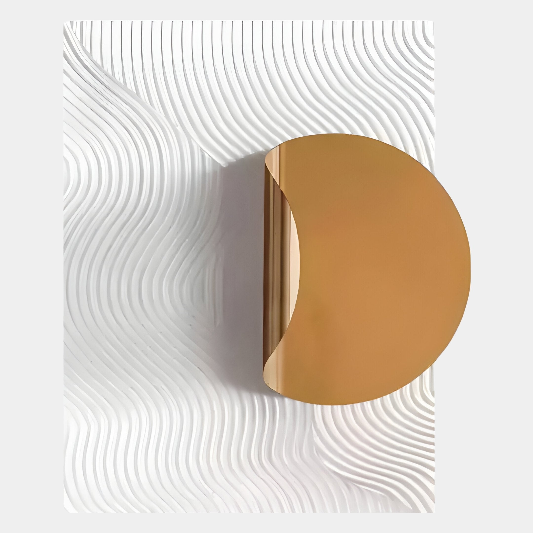 The Solvara Gold & White Wood Relief 3D Wall Art by Giant Sculptures features a large, gold, semi-circular design on a white wavy background, with soft shadows highlighting its modern abstract appeal.
