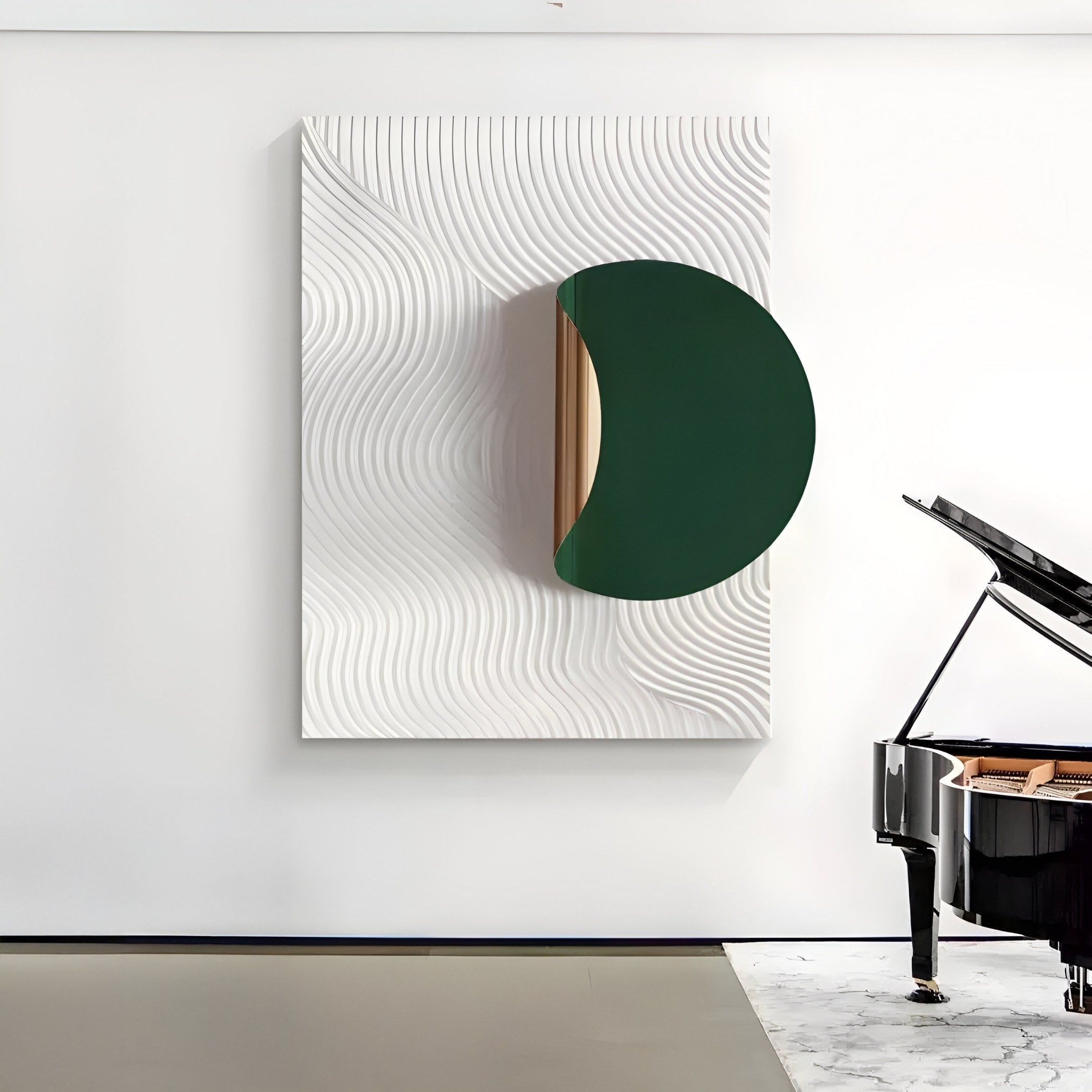 The Solvara Green & White Wood Relief 3D Wall Art by Giant Sculptures features organic waves on a textured white panel with a bold semi-circular green structure. Below, a glossy black grand piano elegantly rests on the marbled floor.