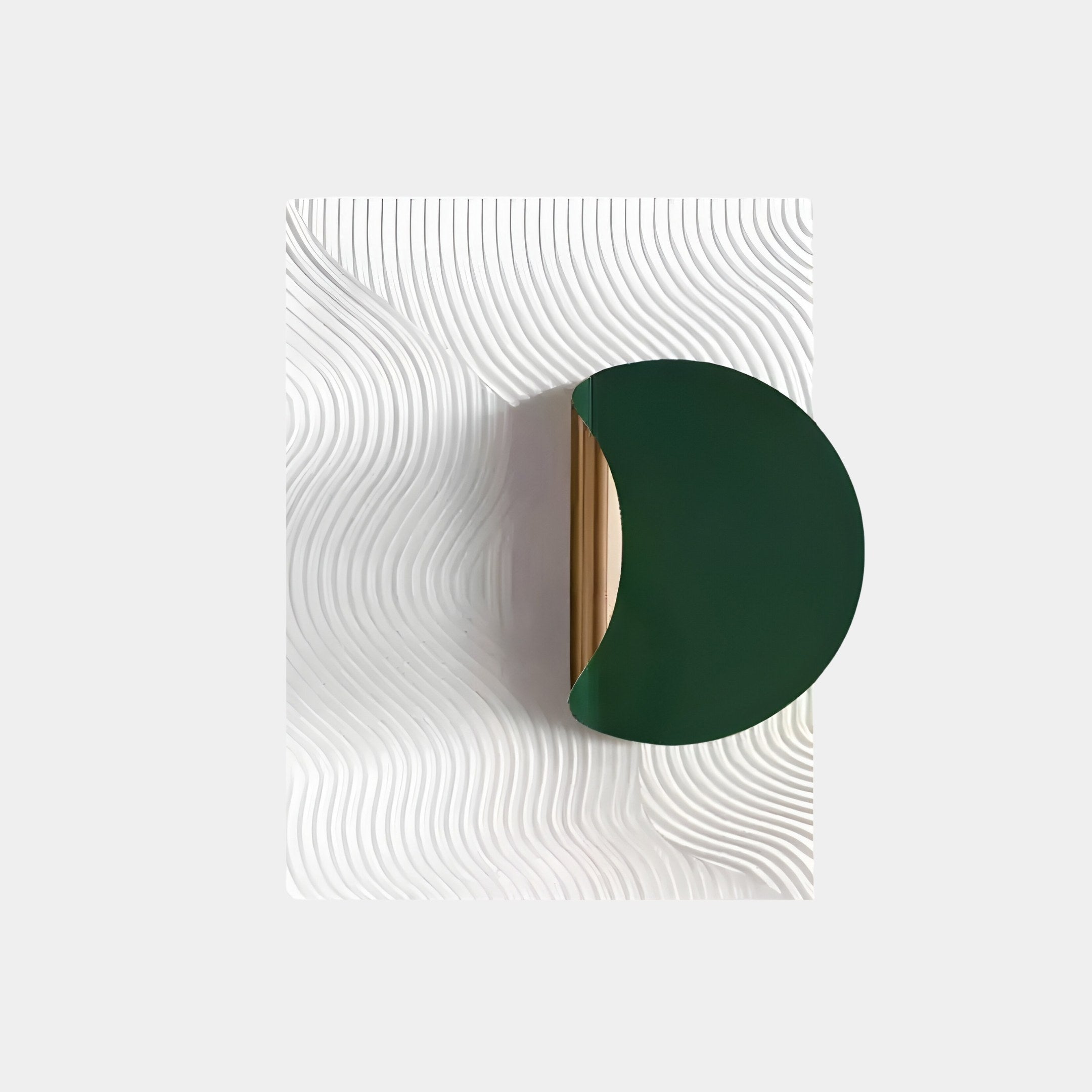 The Solvara Green & White Wood Relief 3D Wall Art by Giant Sculptures features a modern wall lamp with a semi-circular green shade and gold accent, mounted on a textured white surface with organic waves, contrasting smooth metallic elements against the bold geometric background.