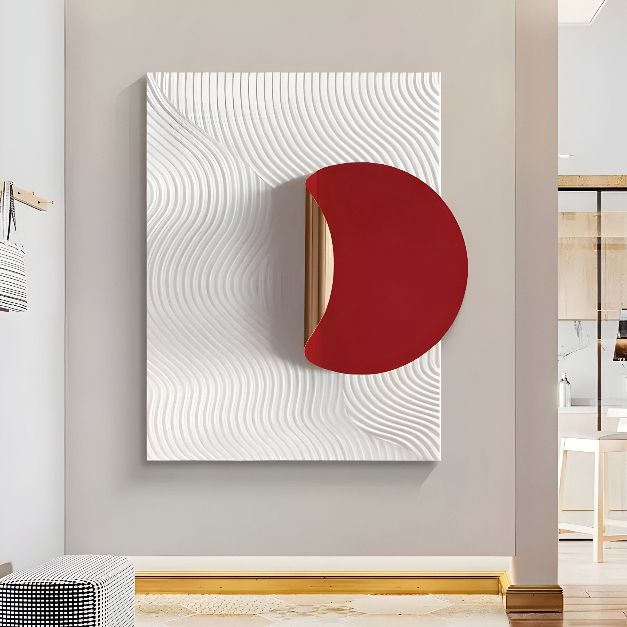 The room is enhanced by the Solvara Red & White Wood Relief 3D Wall Art from Giant Sculptures, featuring a large white textured panel with wavy lines and a bold red curve on the right. This modern piece pairs well with glimpses of wooden flooring and sleek furniture.