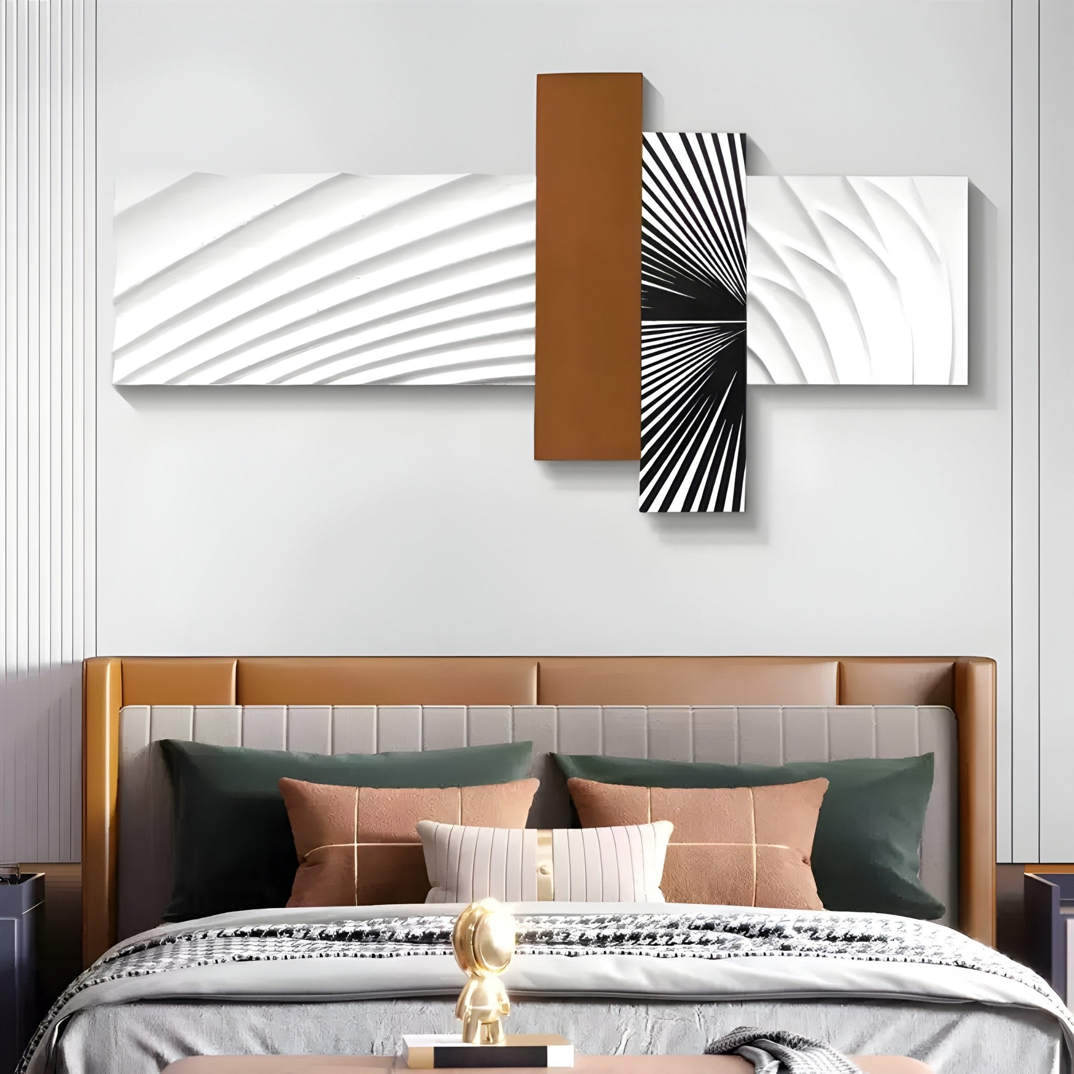 A modern bedroom highlights a gray and beige upholstered bed with green and brown pillows. Above, the Axentra Brown & White Geometric Wood Relief 3D Wall Art by Giant Sculptures adds a contemporary touch with white, black, and brown tones.