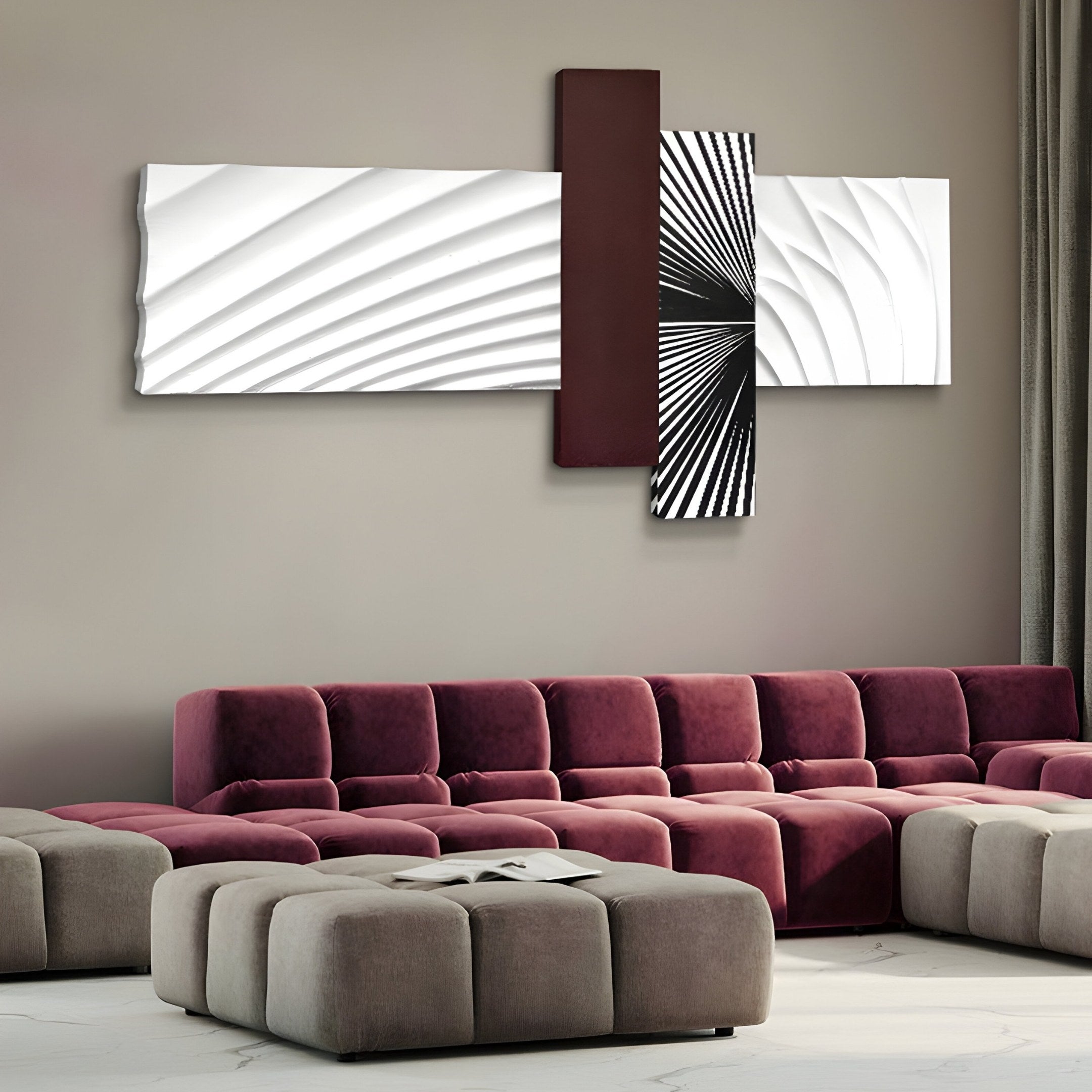 The modern living room showcases the Giant Sculptures Axentra Burgundy & White Geometric Wood Relief 3D Wall Art. Below it, a luxurious maroon and beige sectional with matching ottomans complements and enhances the chic atmosphere against neutral walls.