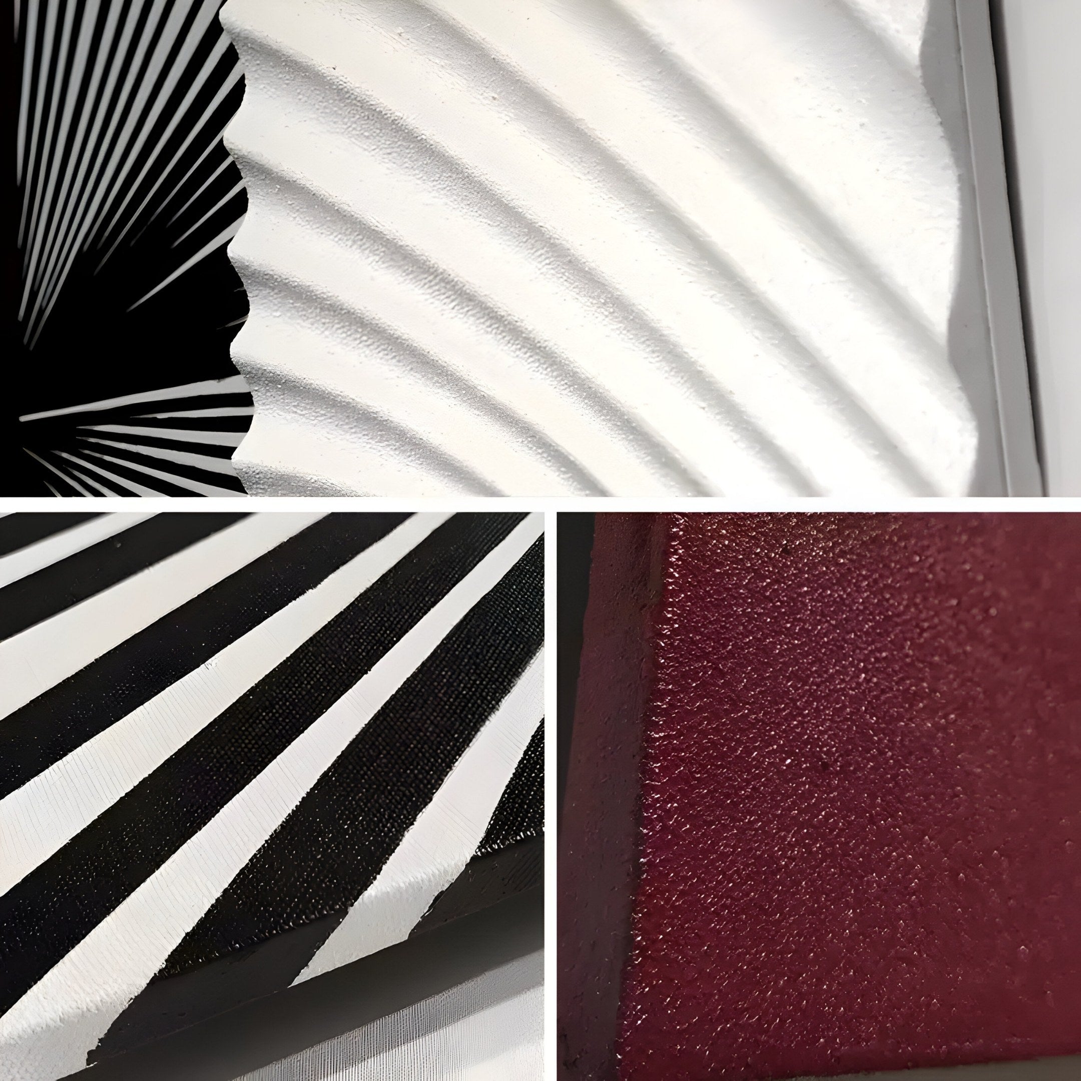 Close-up of Axentra Burgundy & White Geometric Wood Relief 3D Wall Art by Giant Sculptures: features include top with white waves on black, bottom left with diagonal black and white stripes, and bottom right textured red, creating a contemporary statement for modern interiors.