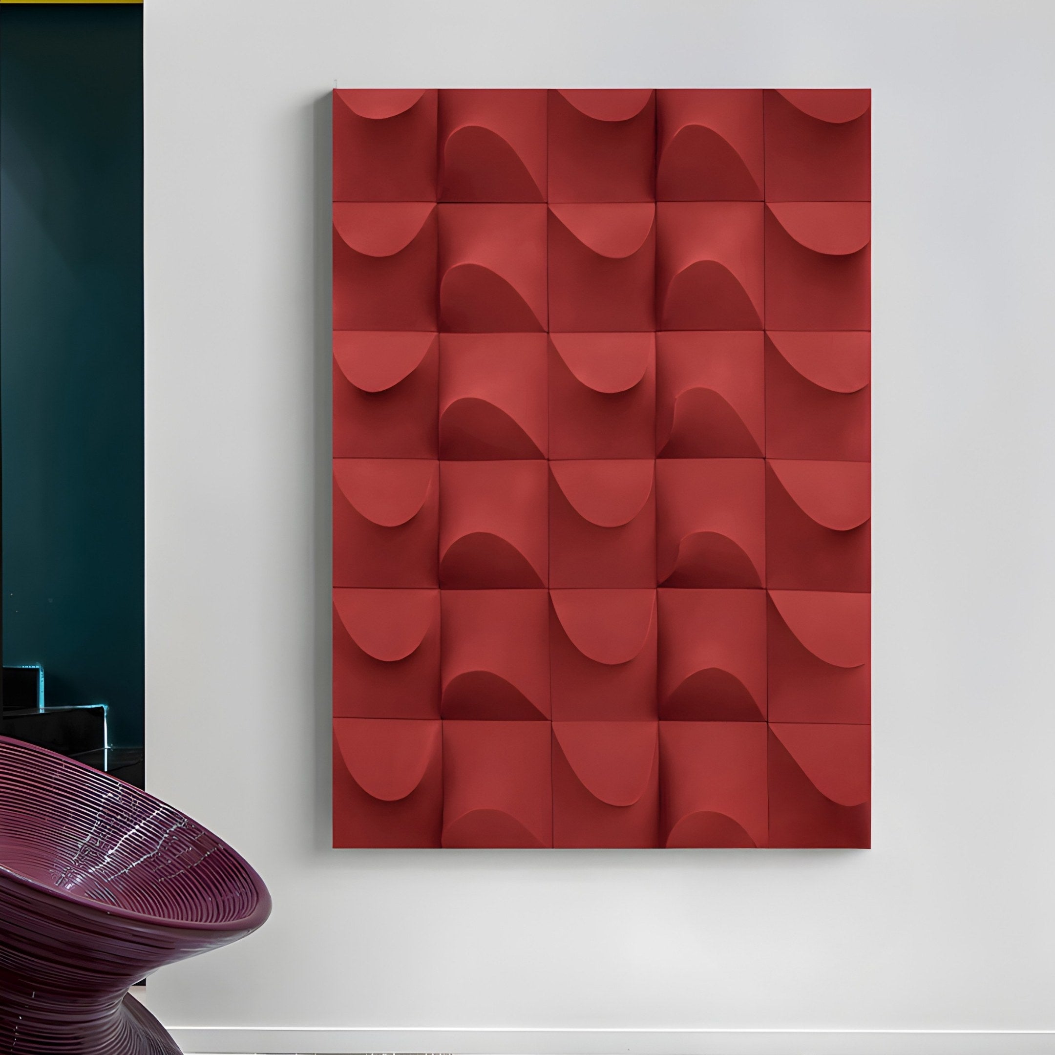 Ondula Textured Red Wood Relief 3D Wall Art by Giant Sculptures displays captivating red geometric motifs, creating a 3D effect on a light wall near a spiral staircase with a glossy, dark red finish.