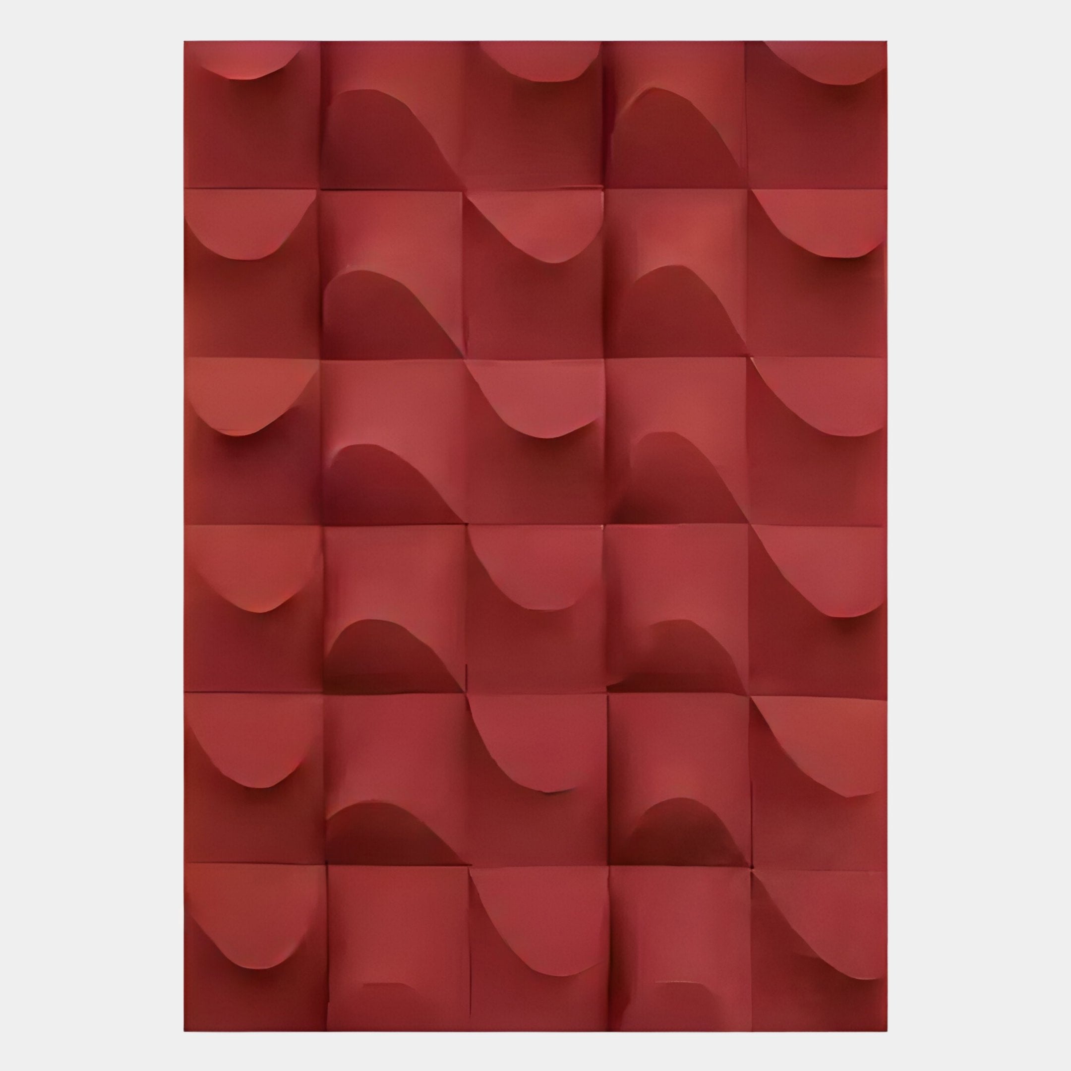 The Ondula Textured Red Wood Relief 3D Wall Art by Giant Sculptures features a grid of red tiles with wave-like curves, creating a dynamic geometric pattern and striking interplay of light and shadow.