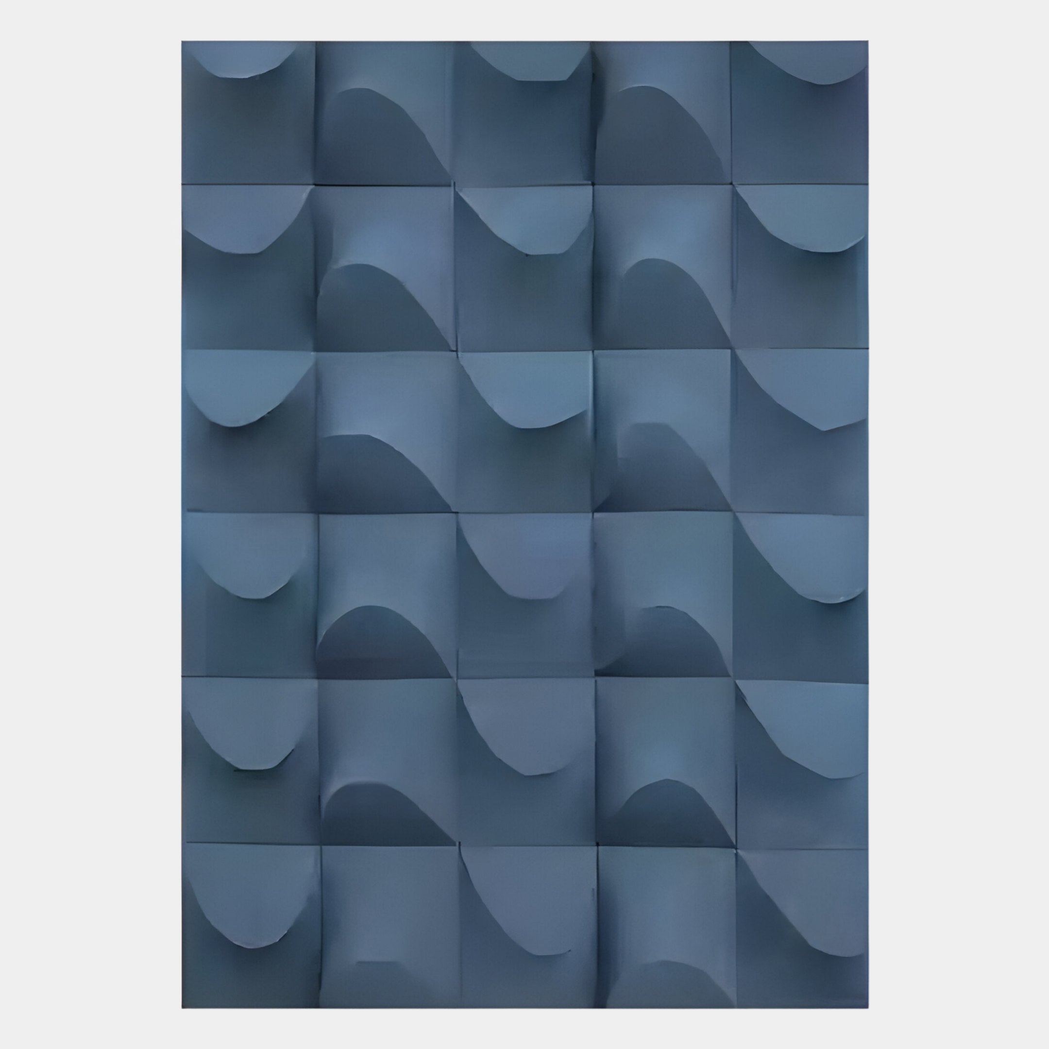 A grid of blue, curved tiles creates a wavy, geometric pattern in the Ondula Textured Blue Wood Relief 3D Wall Art by Giant Sculptures, with light and shadow enhancing its dimensional surface.