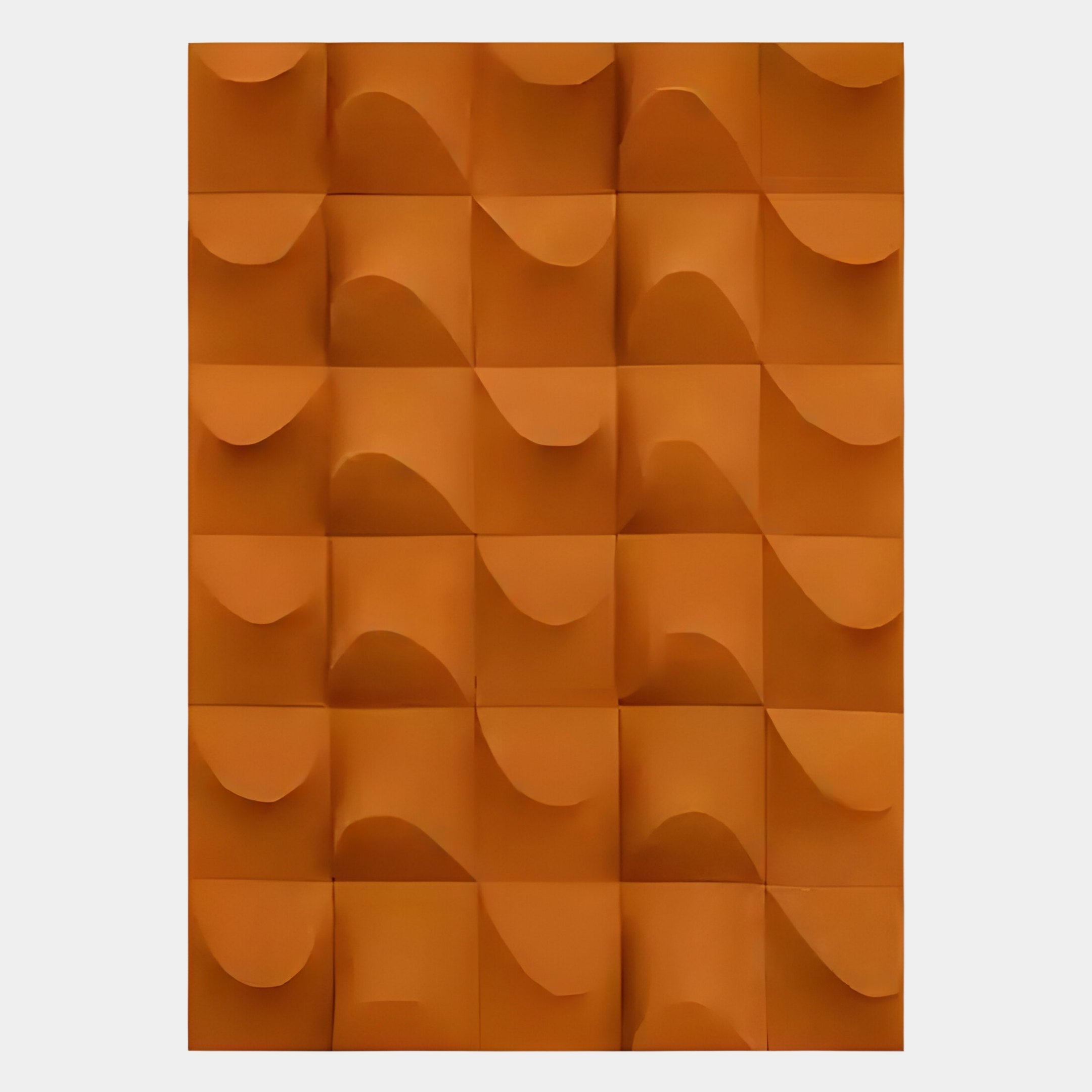 The Ondula Textured Orange Wood Relief 3D Wall Art by Giant Sculptures features geometric wood tiles with curved and angular indents, creating a modern, repeating wavy pattern for bold wall decor.