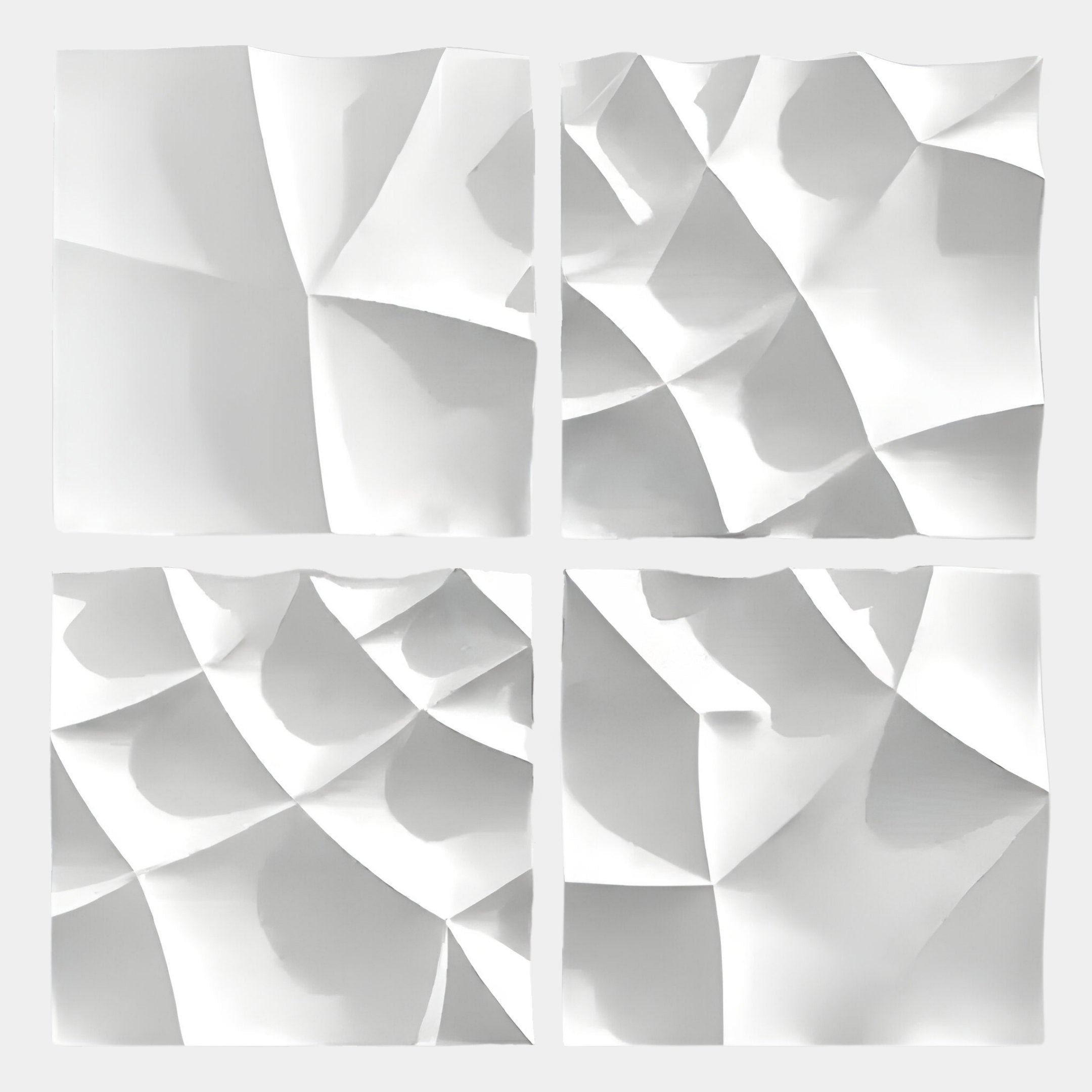 The Tessara 4-Panel Set White 3D Wood Relief Wall Art by Giant Sculptures showcases abstract white panels with curved, folded, and angular forms, adding dynamic light and shadow for sculptural elegance in modern interiors.