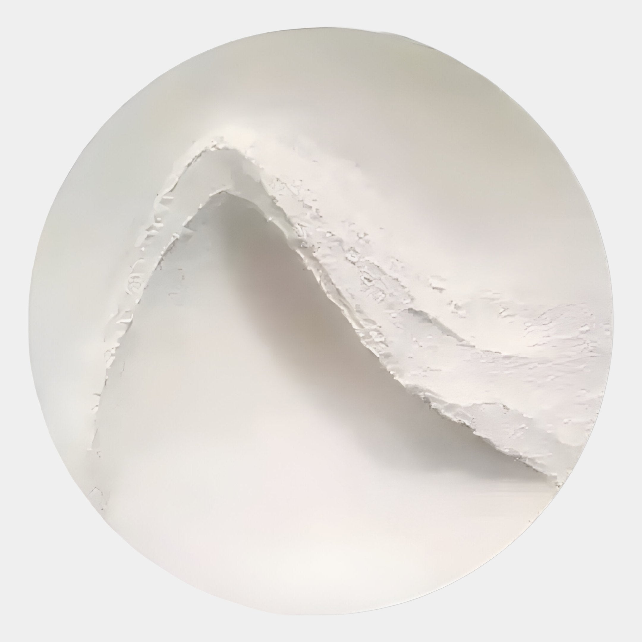 The Selene II White Sandstone Textured 3D Wood Relief Wall Art by Giant Sculptures features a circular, abstract design with a smooth, raised ridge on a white background, evoking minimalist mountains or waves.