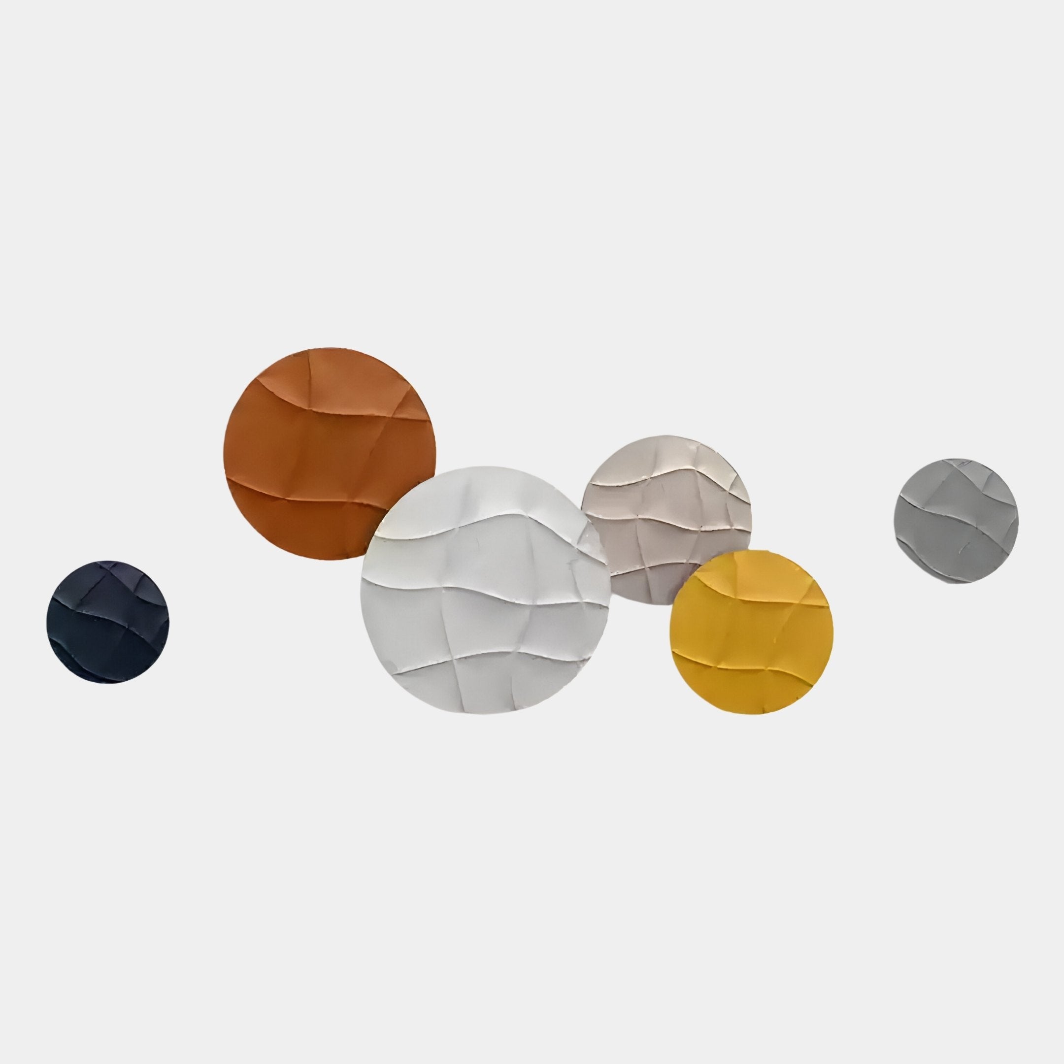 The Giant Sculptures Orbita 6-Set features circular earth-tone (navy, brown, white, beige, yellow, gray) 3D wood relief wall art arranged against a plain white background.