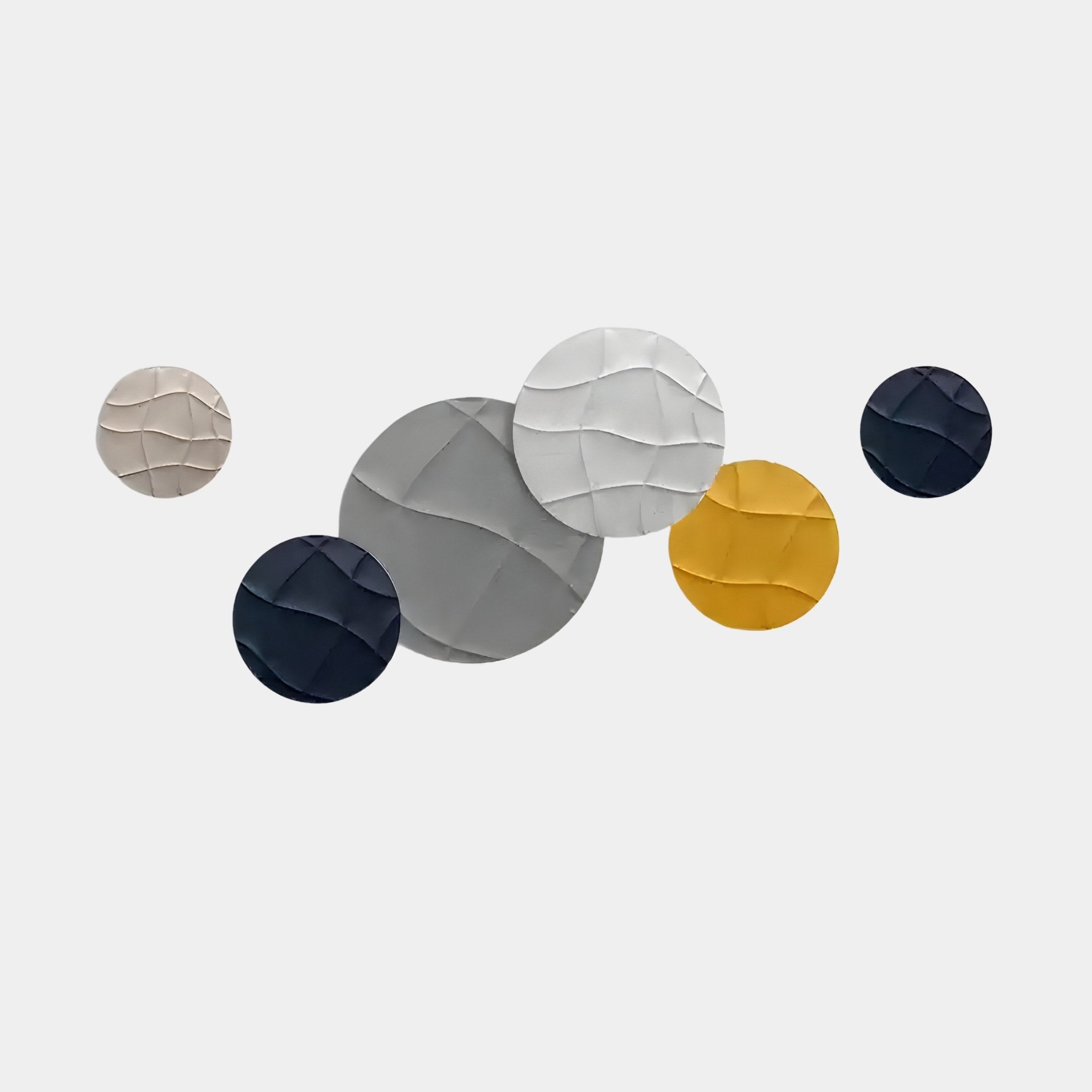 The Orbita 6-Set Circular Neutral Grey 3D Wood Relief Wall Art by Giant Sculptures features six crumpled paper circles in white, gray, beige, yellow, and black on a light background. Ideal for interior decoration to enhance any space.