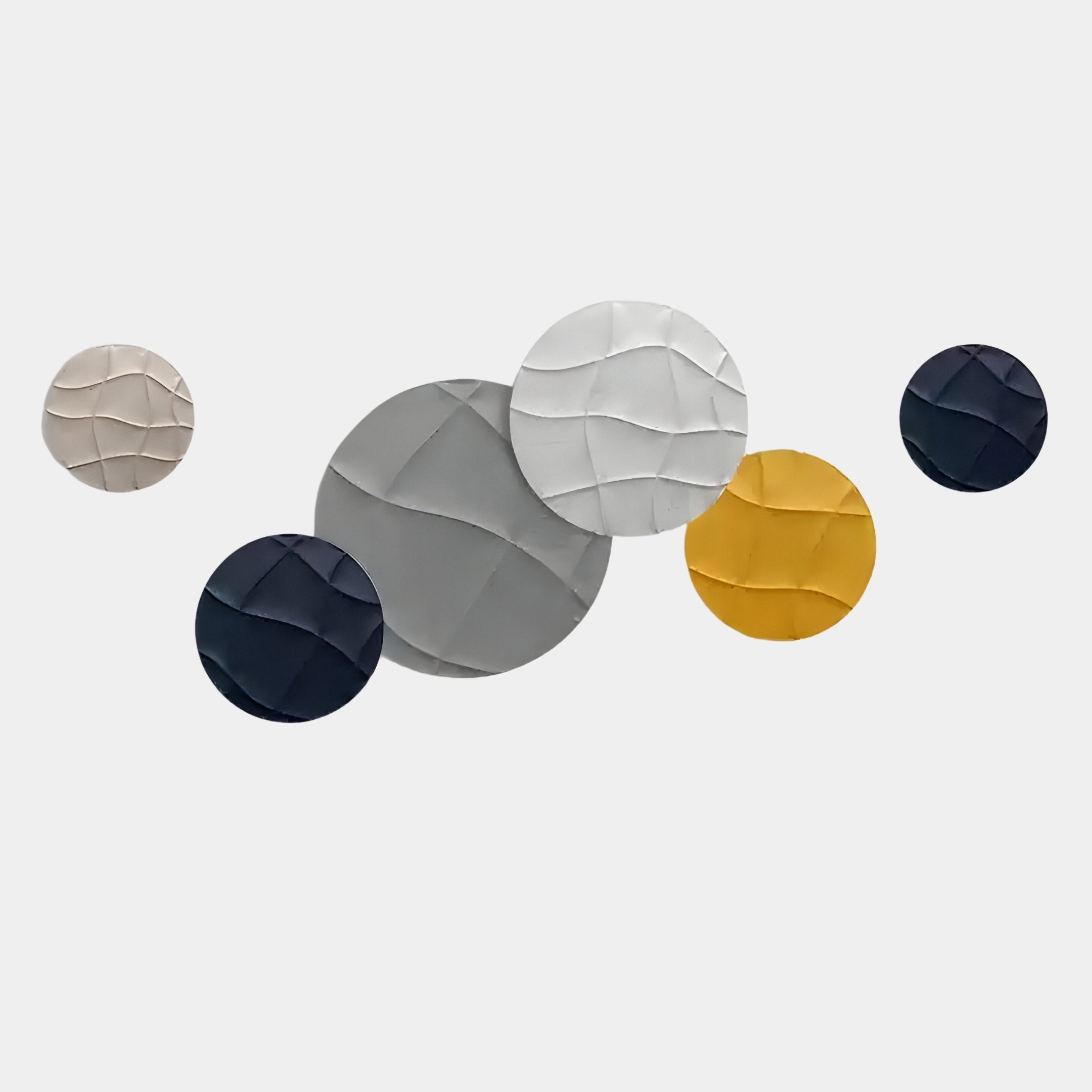 The Giant Sculptures Orbita 6-Set Circular Neutral Grey 3D Wood Relief Wall Art features textured, overlapping circles in gray, white, cream, gold, and navy on a light background with a patterned, crumpled surface for added depth.