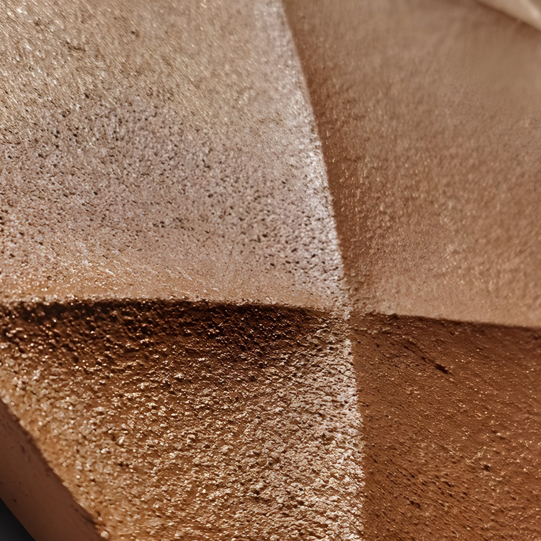The image features a close-up of textured gold and bronze surfaces reminiscent of Terra & Ivory hues, with light and shadow dancing across the triangular facets, similar to the intricate design of Giant Sculptures Orbita 5-Set Circular Terra & Ivory 3D Wood Relief Wall Art.
